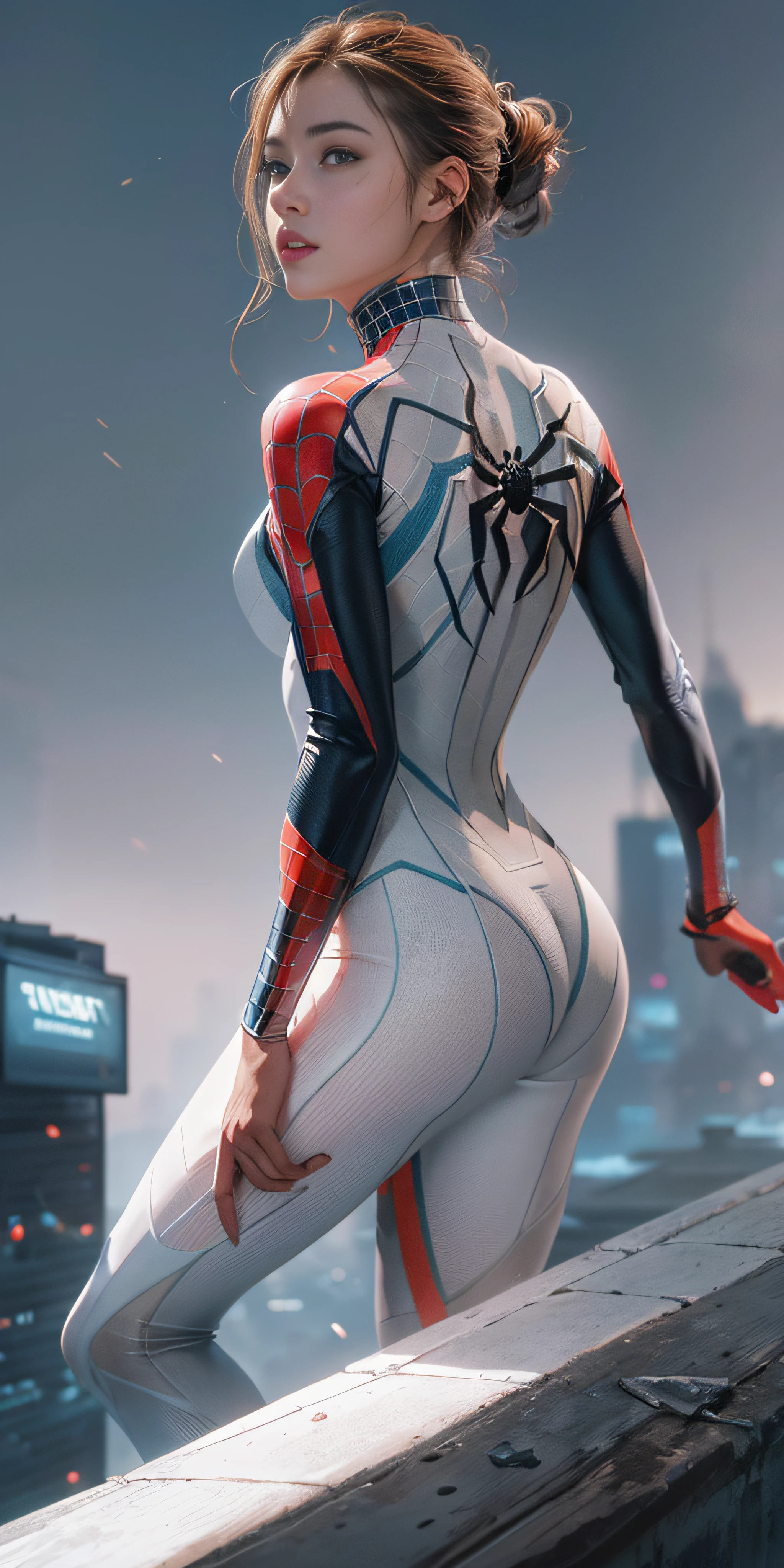 (1girl:1.3), Solo, (((Very detailed face)))), ((Very detailed eyes and face)))), Beautiful detail eyes, Body parts__, Official art, Unified 8k wallpaper, Super detailed, beautiful and beautiful, beautiful, masterpiece, best quality, original, masterpiece, super fine photo, best quality, super high resolution, realistic realism, sunlight, full body portrait, amazing beauty, dynamic pose, delicate face, vibrant eyes, (from the front), She wears Spider-Man suit, red and black color scheme, spider, very detailed city roof background, rooftop, overlooking the city, detailed face, detailed complex busy background, messy, gorgeous, milky white, highly detailed skin, realistic skin details, visible pores, clear focus, volumetric fog, 8k uhd, DSLR, high quality, film grain, fair skin, photo realism, lomography, futuristic dystopian megalopolis, translucent