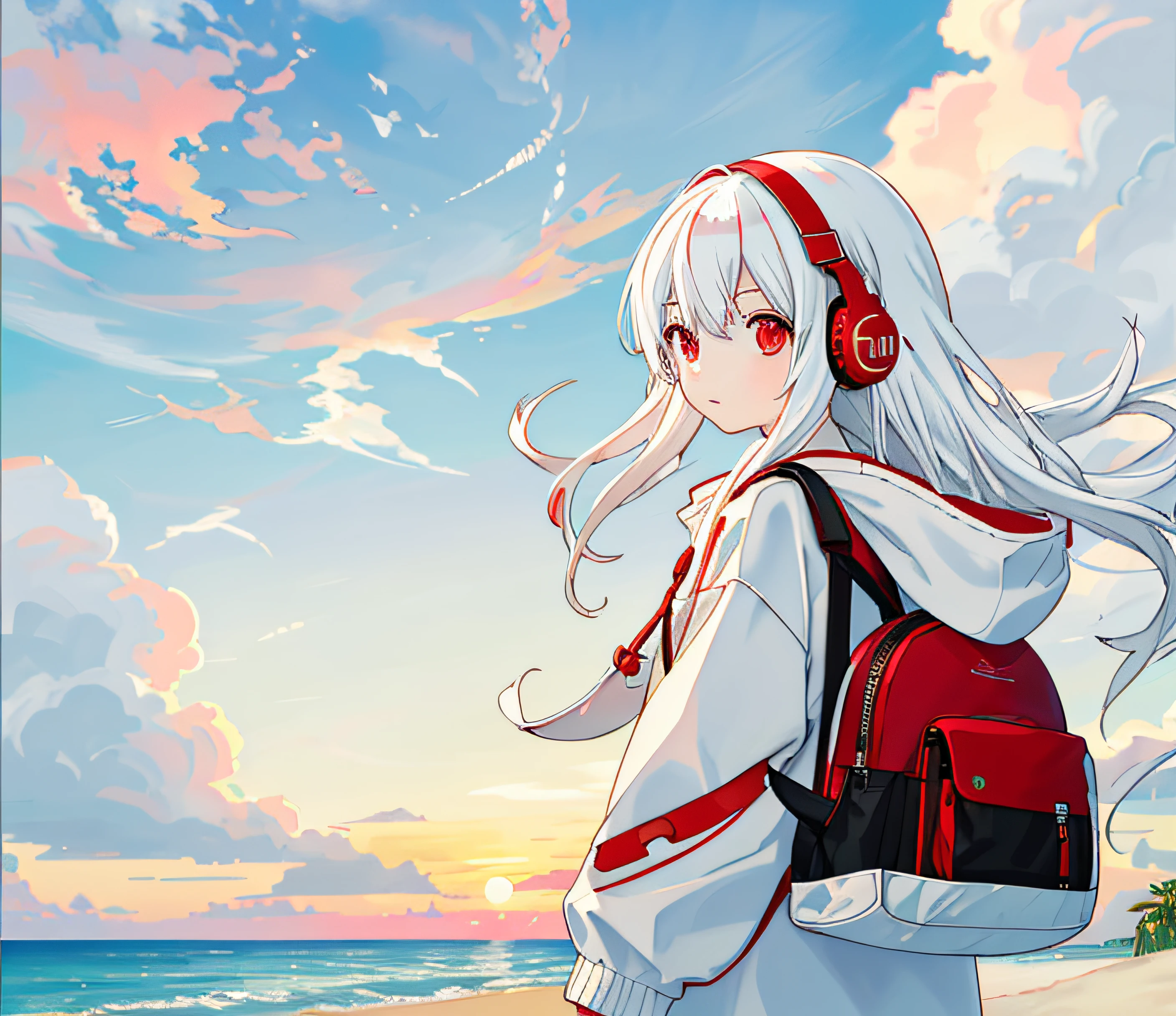the setting sun,sea surface,sandbeach,Recife,Anime girl with white hair and red eyes,Red and white headphones,Red and white pattern hoodie,backpacks,shoreline,long whitr hair,clouds