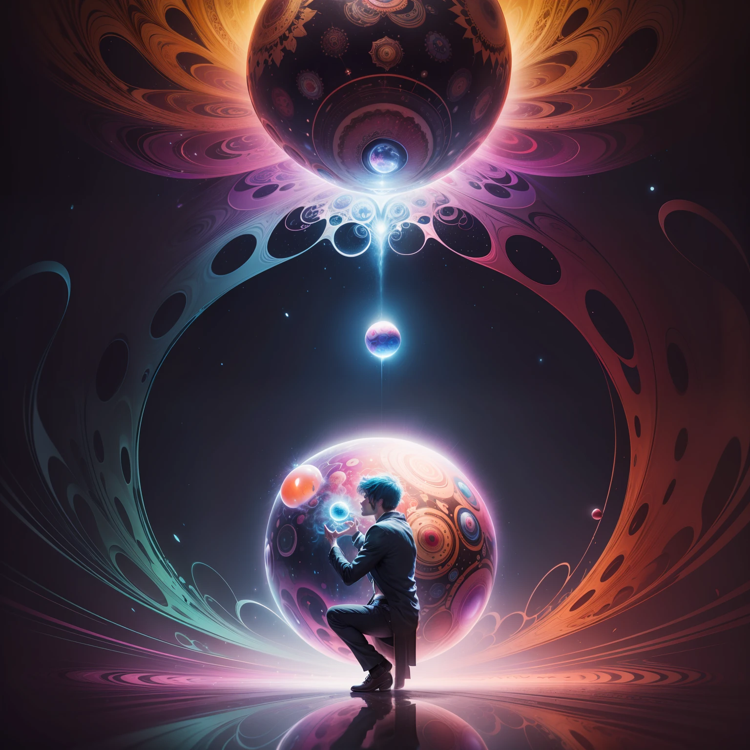 person's work shows a man playing with a psycoscopic ball, in the style of hypercolorful dreamscapes, i can't believe how beautiful this is, illuminated interiors, photo-realistic techniques, microscopic views, mikalojus konstantinas ciurlionis, chris dyer