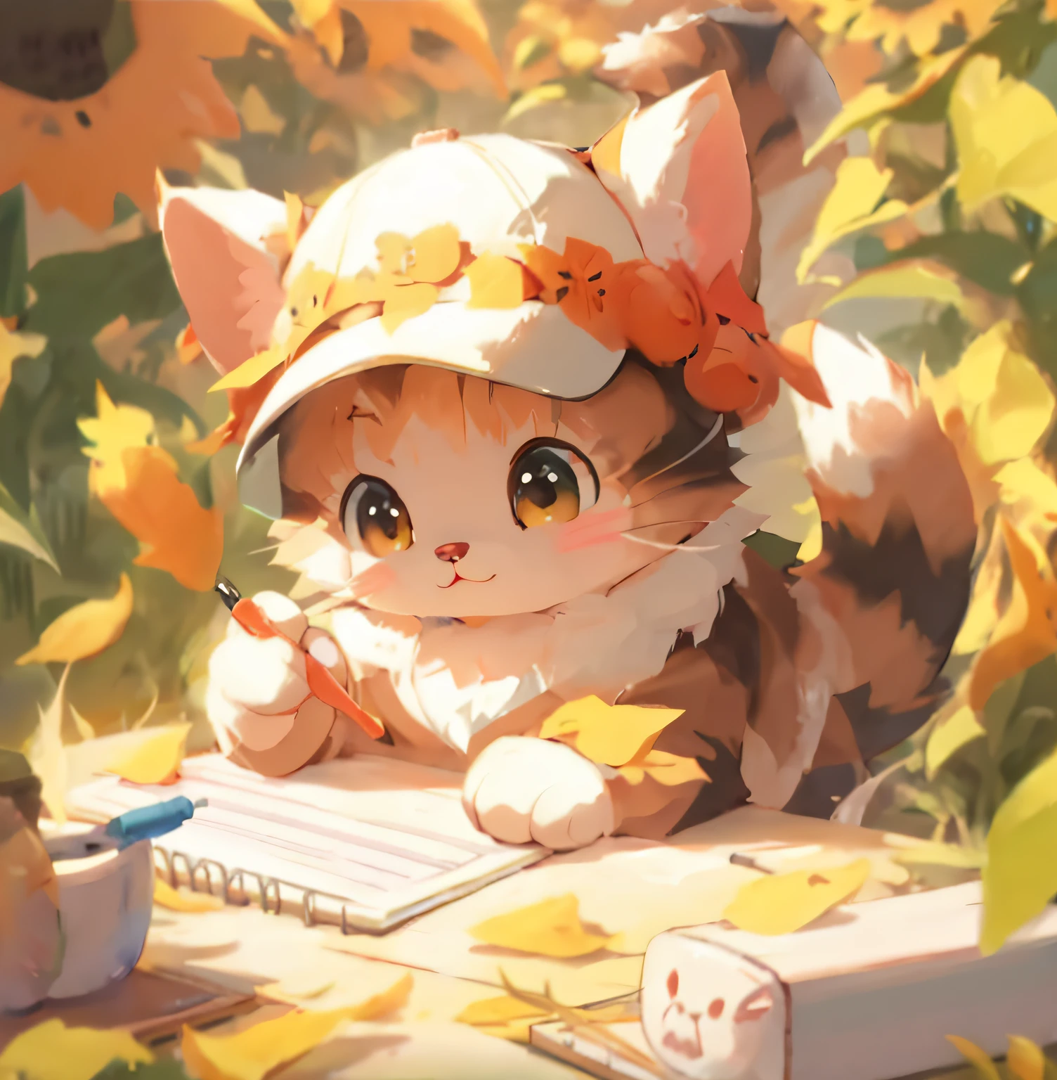 Anime cat with hat and pen writing in notebook, anime visual of a cute cat, lovely digital painting, anime cat, Cute detailed digital art, realistic anime cat, cute anime catgirl, adorable digital art, trending on artstation pixiv, Cute anime, cute detailed artwork