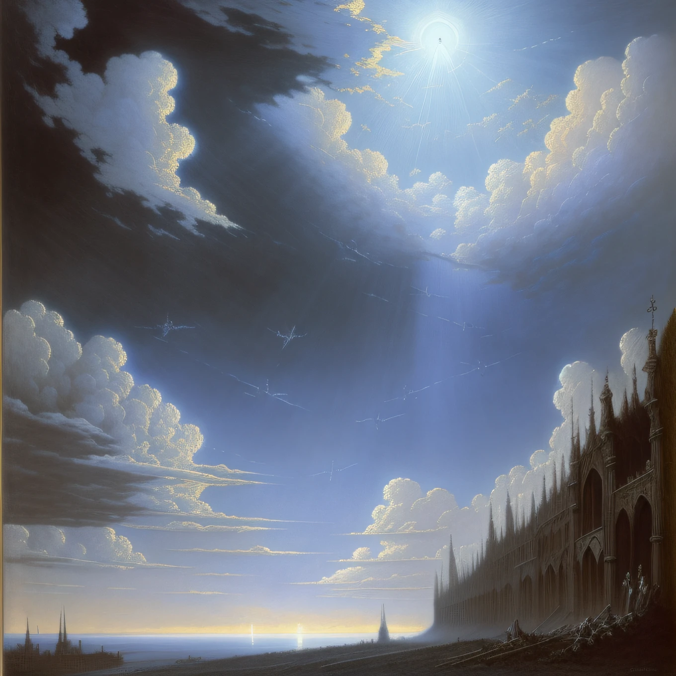 painting by gustave dore, fallen angles in the sky