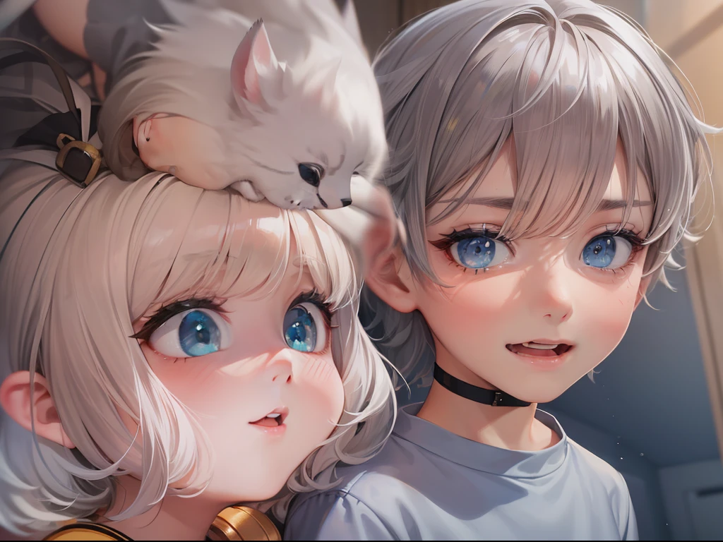 Generate a photo,Best quality, tmasterpiece, The older brother took his younger sister's hand, This brother and this sister face to face, This brother is an 18-year-old boy, Short gray hair, blue color eyes, Expression concern, This sister is a , Has short white hair,Small stature