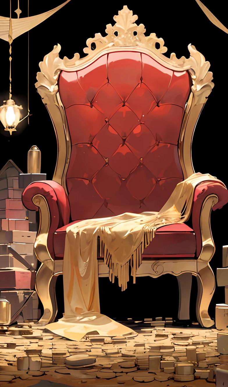 black background with, 4K, No people, (King's chair with gold décor and red cushions), There is nothing in the chair, treasure trove, treasure chests,Skeleton head, Stacking Gold Coins,((Gold coins to fill the ground)), Cave,a gorgeous, high-angle shot ,(from the front side)