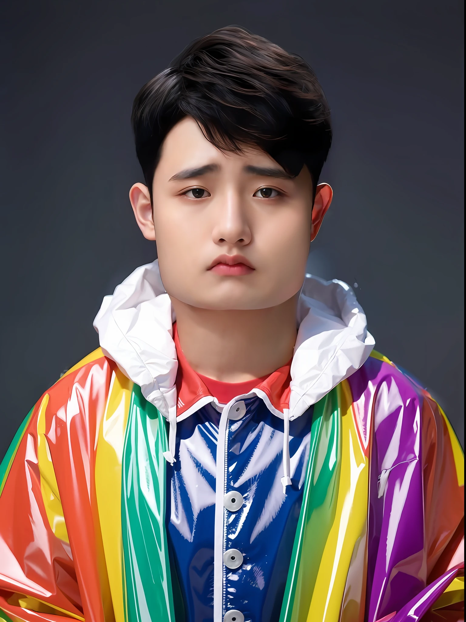 A Chinese male high school student，Wearing a PVC colored raincoat