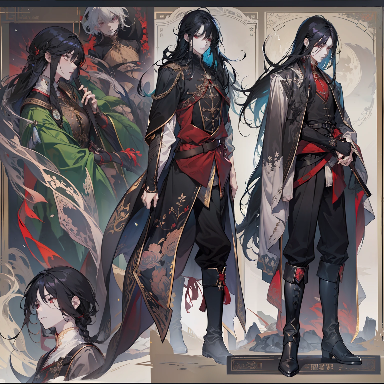 1 boy, solo, black hair, straight hair, flowing straight hair, red eyes, shirt, high boots, dark clothing, Scandinavia theme, Scandinavian clothes, looking at viewer, fantasy art, beautiful painting, guwaika style, epic exquisite character art, stunning characters, man, lean (reference sheet:1.5)