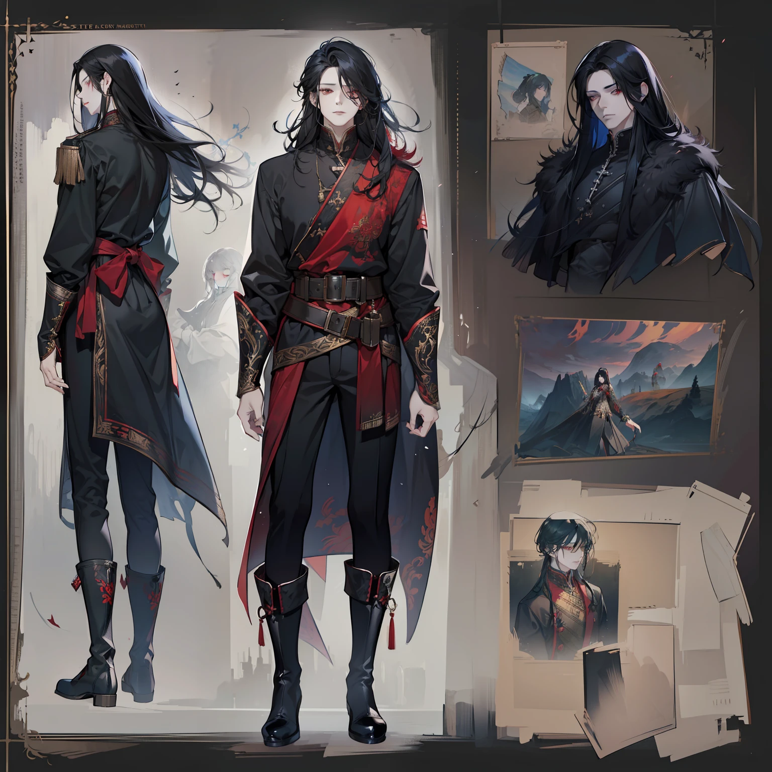 1 boy, solo, black hair, straight hair, flowing straight hair, red eyes, shirt, high boots, dark clothing, Scandinavia theme, Scandinavian clothes, looking at viewer, fantasy art, beautiful painting, guwaika style, epic exquisite character art, stunning characters, man, lean (reference sheet:1.5)