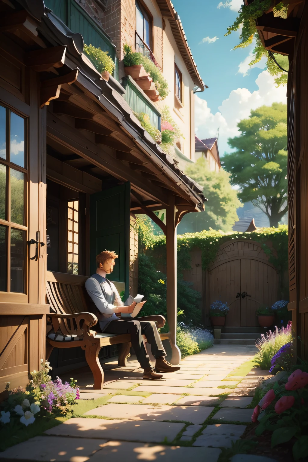 The image shows a serene garden with a comfortable bench. A man is sitting peacefully on the bench, engrossed in reading a book. Their calm demeanor and focused expression reflect the depth of their thoughts. Around the introvert are blooming flowers and lush greenery, symbolizing the creativity and growth that thrives within their introspective world. This illustration aims to highlight that introverts are valuable contributors to society, capable of profound insights and unique perspectives.