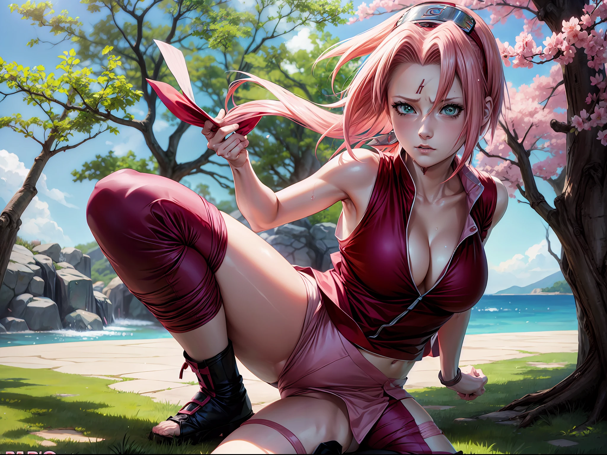 Sakura haruno, anime Naruto shippuden, Showing her breasts, showing her pussy, (( 1 girl)), park, holding her breasts, wet pussy, red sleeveless shirt, pants lowered to the knees