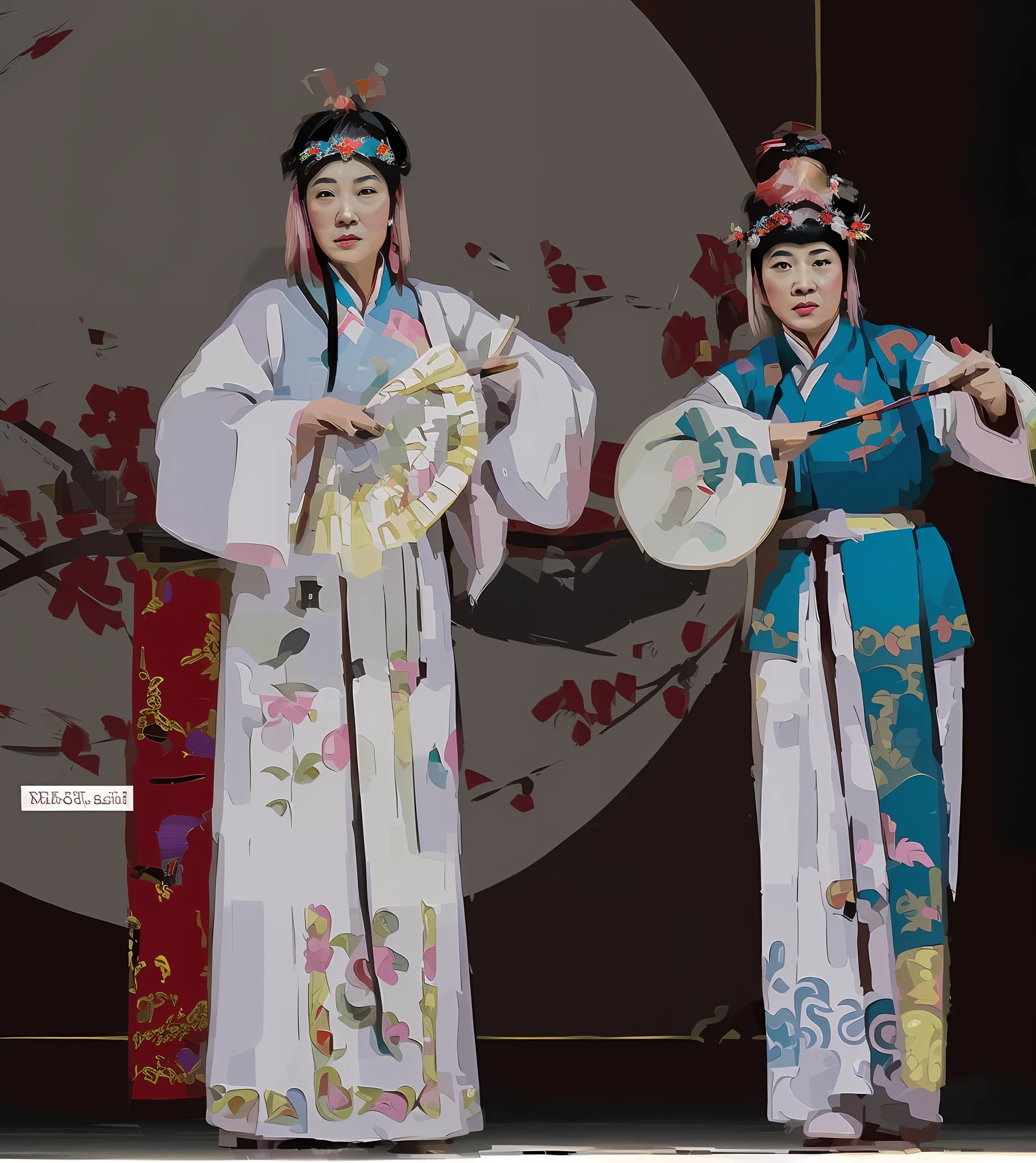 Two Asian women dressed in traditional opera costumes hold fans and fans, He wears a Peking Opera headdress on his head,beijing opera, Wearing ancient Chinese clothes, Chinese costume, Chinese traditional, Traditional Chinese clothing, with acient chinese clothes, 中 国 鬼 节, ancient chinese beauti,younger female, beijing, Chinese tradition, year 2447, chinese empress, theatrical, Colourful, Hanfu,Face number,Highly detailed, Majestic, Digital photography, The art of surrealist wet paints,author:Artgerm Ruan Jia和Greg Rutkowski ,