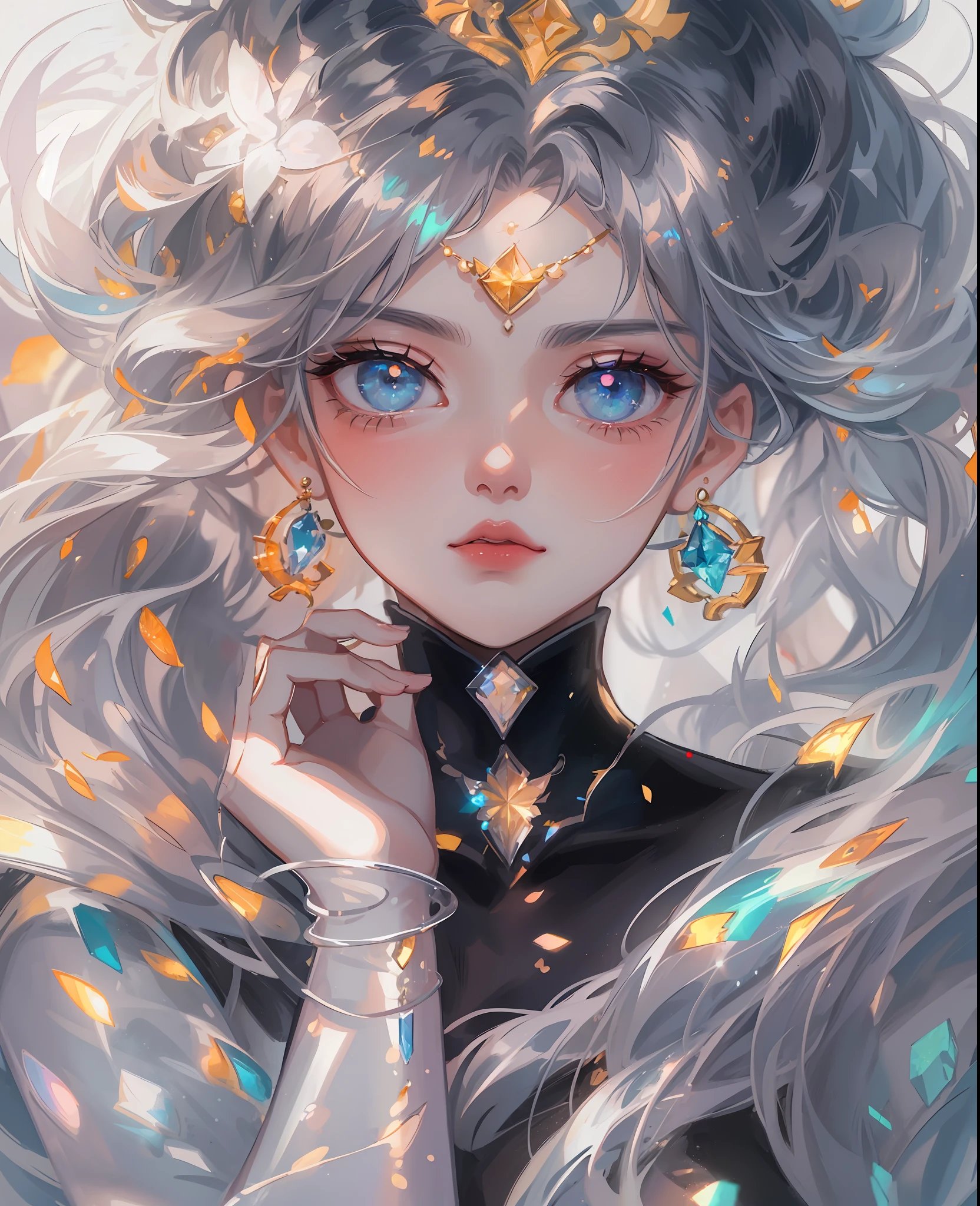 a beautiful Girl , Sailor Moon style , wearing laser transparent pvc texture clothing , prism , melancholy expression, beautiful eyes , brilliance , jewelry , portrait , game original painting , anime character concept design , beautiful face , sacred, long transparent iridescent GB hair, reflections transparent iridescent colors on her hair, highly detailed, gorgeous sacred girl, beautiful light on black background