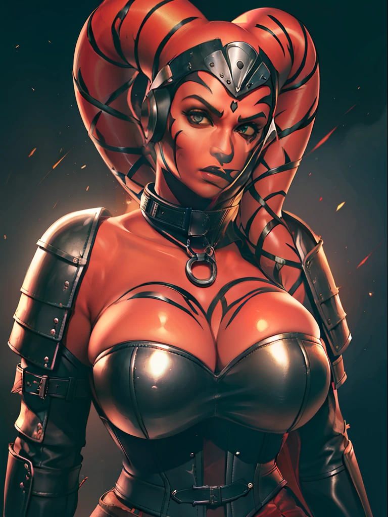 (red skin), Twi'lek, Sith warrior, (((huge breasts))), knight armor, (((black leather))), shoulder pads, cuirass, corset, gorget, high collar, long sleeves, long skirts, black trousers, long boots, black leather, buckles, straps, Star Wars,