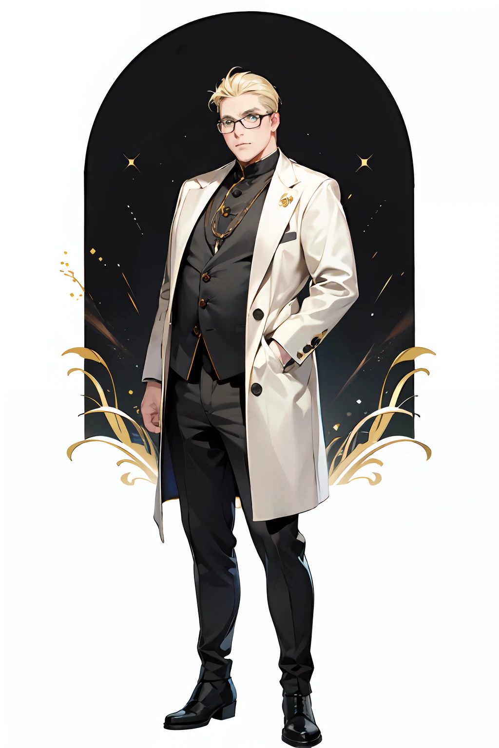 tmasterpiece,(best qualtiy:1.2),1人,1 person only,fat guy,(Blackn clothes:1.2),Full body like,headmaster,(Old uncle:1.2),little beard,Wears pedantic glasses,(Very short hair:1.1),(Black priest costume:1.1),facing to audience,coiffed blonde hair,mtu,whaite hair,green-eyed,(Leather boots:1.2),with wrinkles on his face,The expression is serious,(Pure white background:1.5),Standing motion,The clothes are black,The clothes have a gold pattern,(Middle-aged and elderly),Clothes in a minimalist style