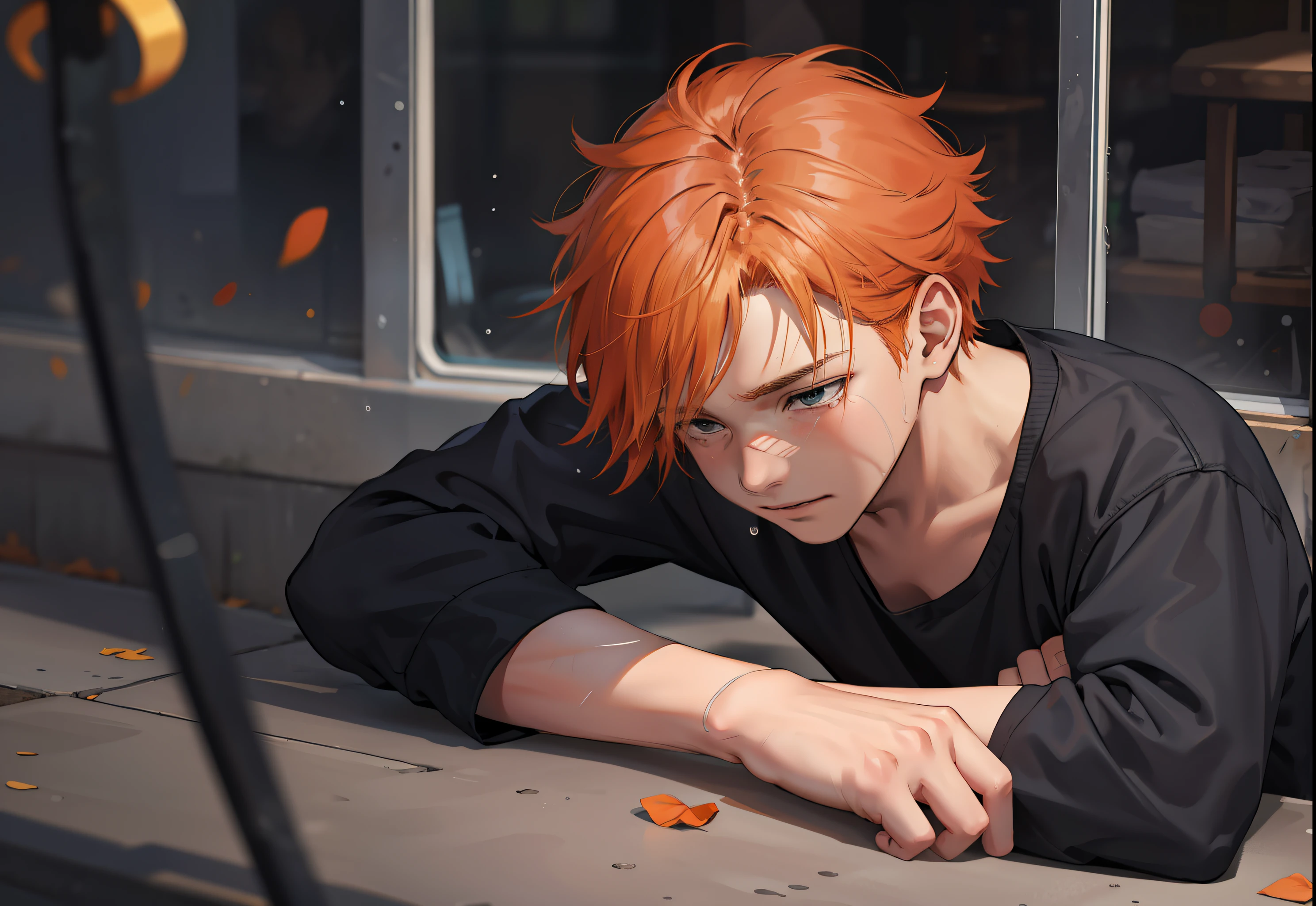Orange-haired -yeld cr with sadness because his friend has died