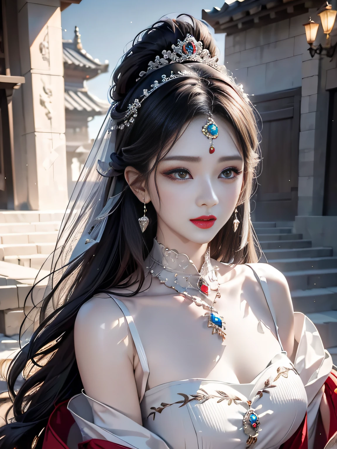 tmasterpiece,Light makeup,Redlip,Long silver messy hair,Wipe the forehead headdress,gracefulness,elegance。ultra fine detailed,Works of masters,Authentic texture,Cinematic lighting realism,perfect works,8k,k hd,Delicate facial features,plumw,Hyper-realism