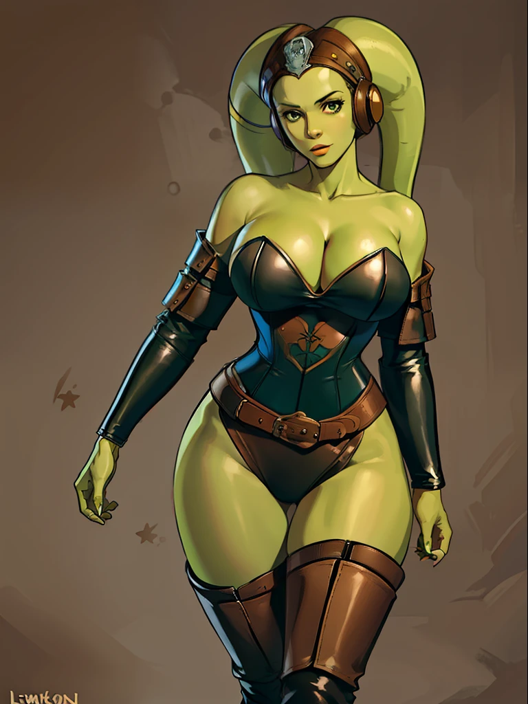 (green skin), Twi'lek, large breasts, cleavage, Jedi, brown leather, strapless corset, shoulder pad, single long sleeve, skirts, tan trousers, long boots, brown leather, buckles, straps, Star Wars,