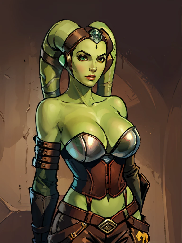 (green skin), Twi'lek, large breasts, cleavage, Jedi, brown leather, strapless corset, shoulder pad, single long sleeve, skirts, tan trousers, long boots, brown leather, buckles, straps, Star Wars,