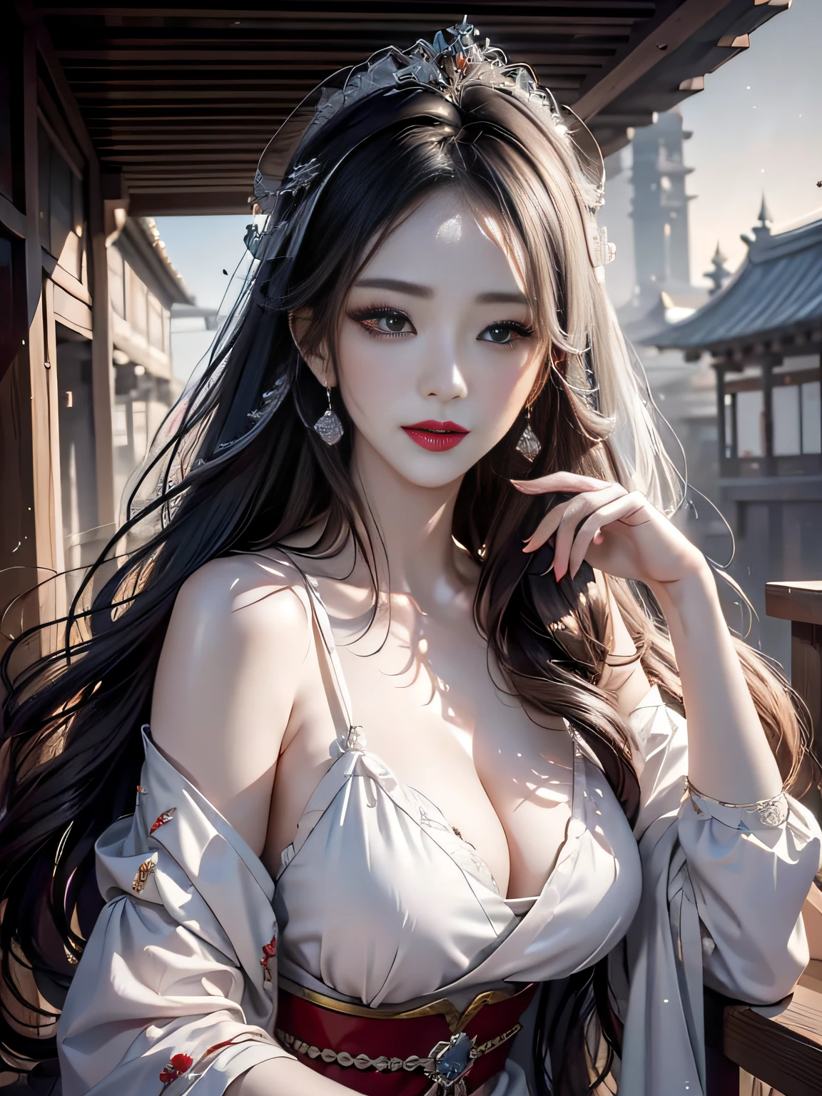 tmasterpiece,Light makeup,Redlip,Long silver messy hair,Wipe the forehead headdress,gracefulness,elegance。ultra fine detailed,Works of masters,Authentic texture,Cinematic lighting realism,perfect works,8k,k hd,Delicate facial features,plumw,Hyper-realism