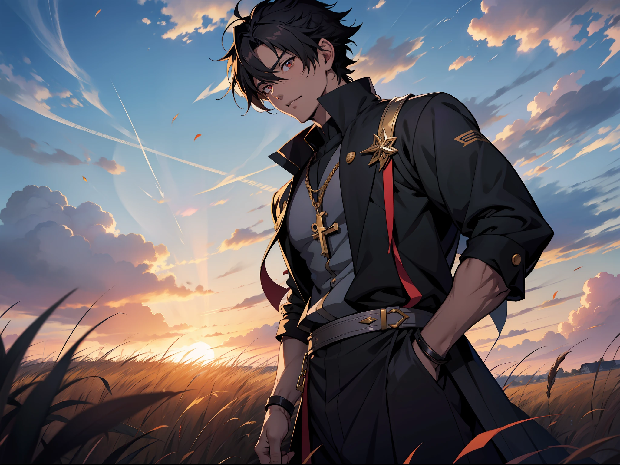 Anime boy in rye field with sunset background, Anime handsome man,black-clad,brunette color hair,blackigeyes, Anime portrait of a handsome man, Official illustration, offcial art, young anime man, Key anime art, Smooth anime CG art, inspired by Okumura Togyu, inspirado em Okumura Masanobu, Kazuto Okada。, hana yata, Handsome anime pose