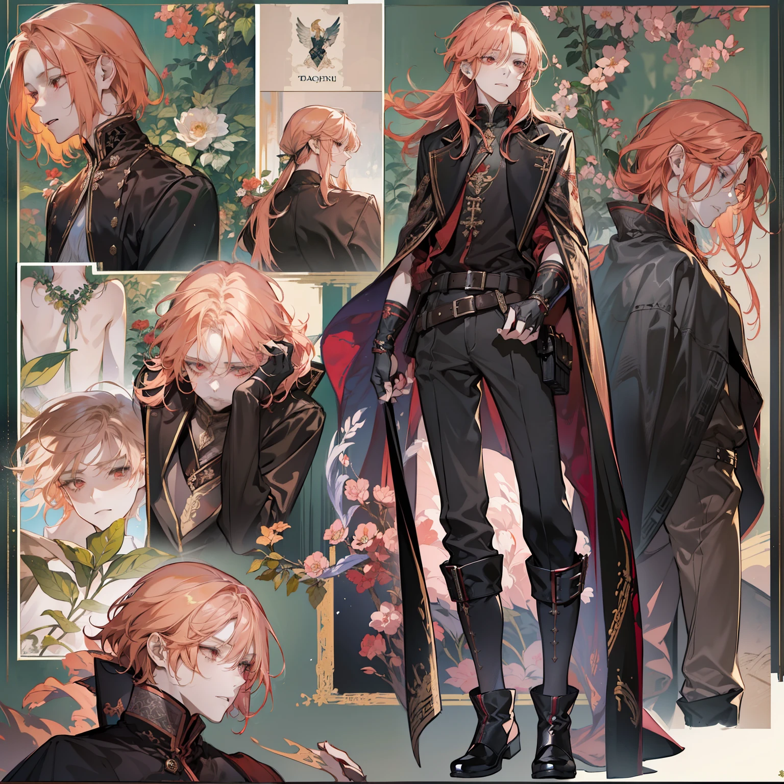 1 boy, solo, peach hair, light red-haired guy, straight hair, flowing straight hair, red eyes, shirt, high boots, dark clothing, dark clothes, Scandinavia theme, Scandinavian clothes, looking at viewer, fantasy art, beautiful painting, guwaika style, epic exquisite character art, stunning characters, man, lean (reference sheet:1.5)