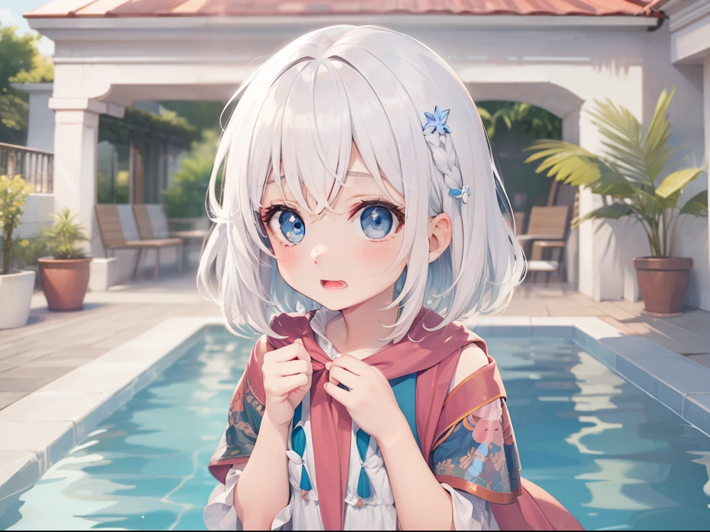 Best quality, tmasterpiece, 5 years old girl, Short white hair, eBlue eyes, By the pool, The expression is scared