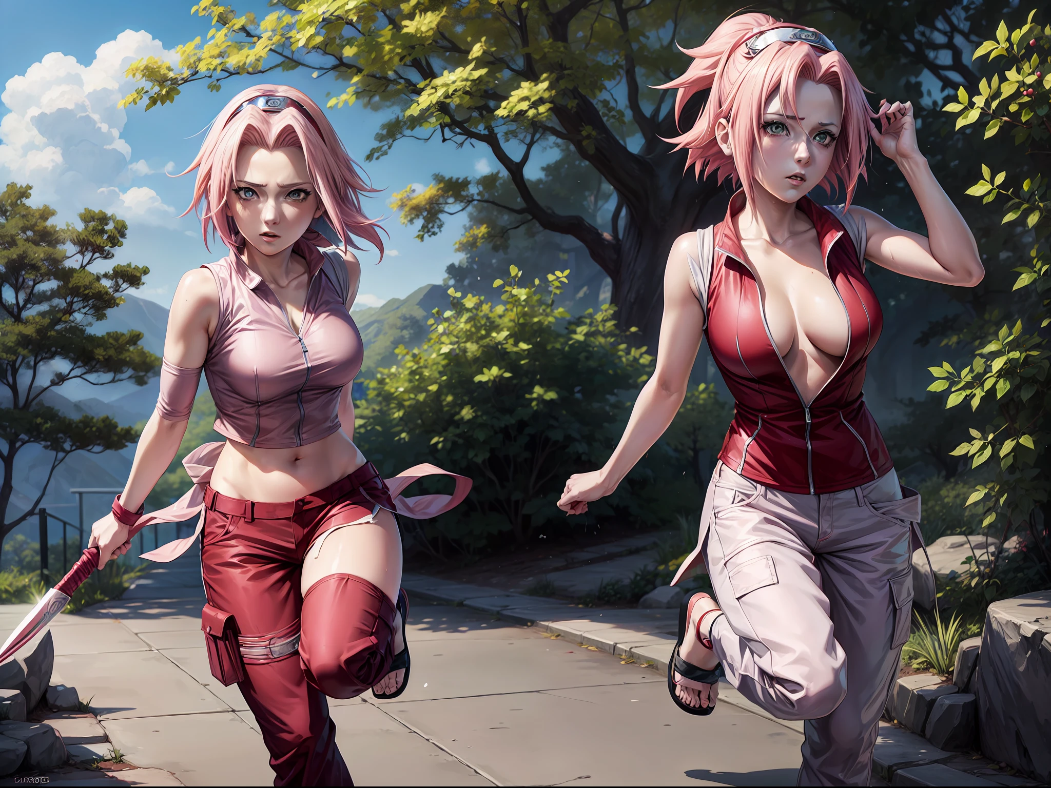 Sakura haruno, anime Naruto shippuden, Showing her breasts, showing her , (( 1 girl)), park, holding her breasts, wet , red sleeveless shirt, pants lowered to the knees, nude