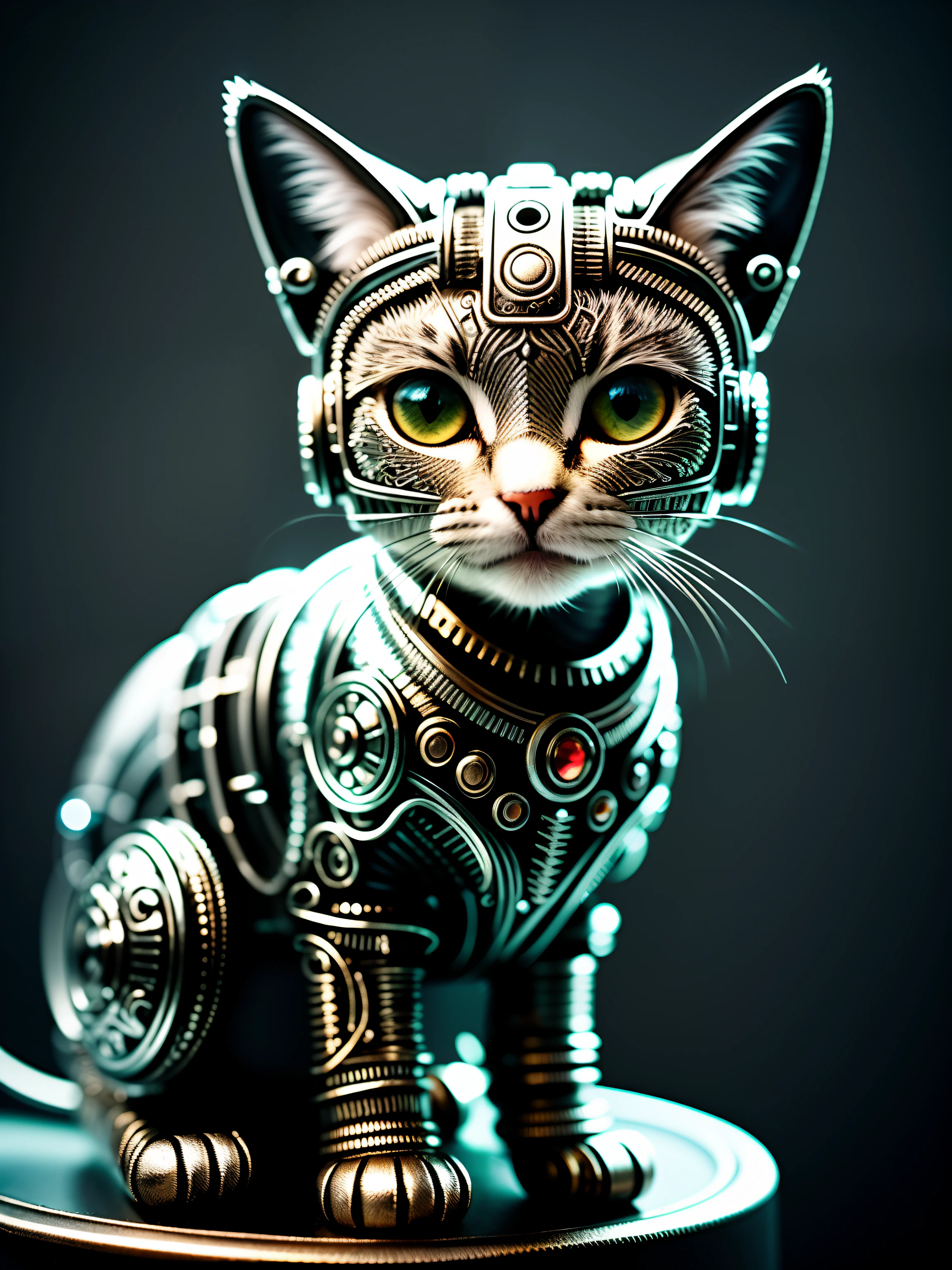 a cute kitten made out of metal, (cyborg:1.1), ([tail | detailed wire]:1.3), (intricate details), hdr, (intricate details, hyperdetailed:1.2), cinematic shot, vignette, centered
