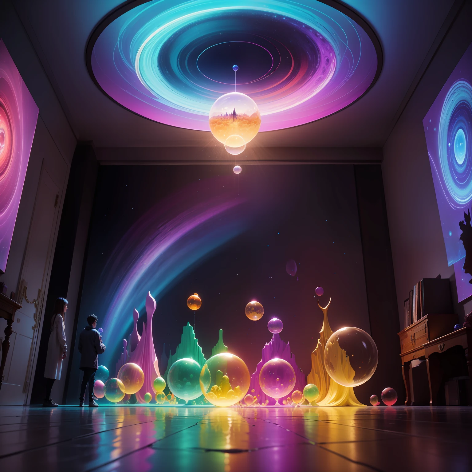 an artwork in a room showing colorful bubbles with colorful people, in the style of fantastical otherworldly visions, night photography, forced perspective drawings, i can't believe how beautiful this is, optical illusion inspired, psychedelic, spherical sculpture