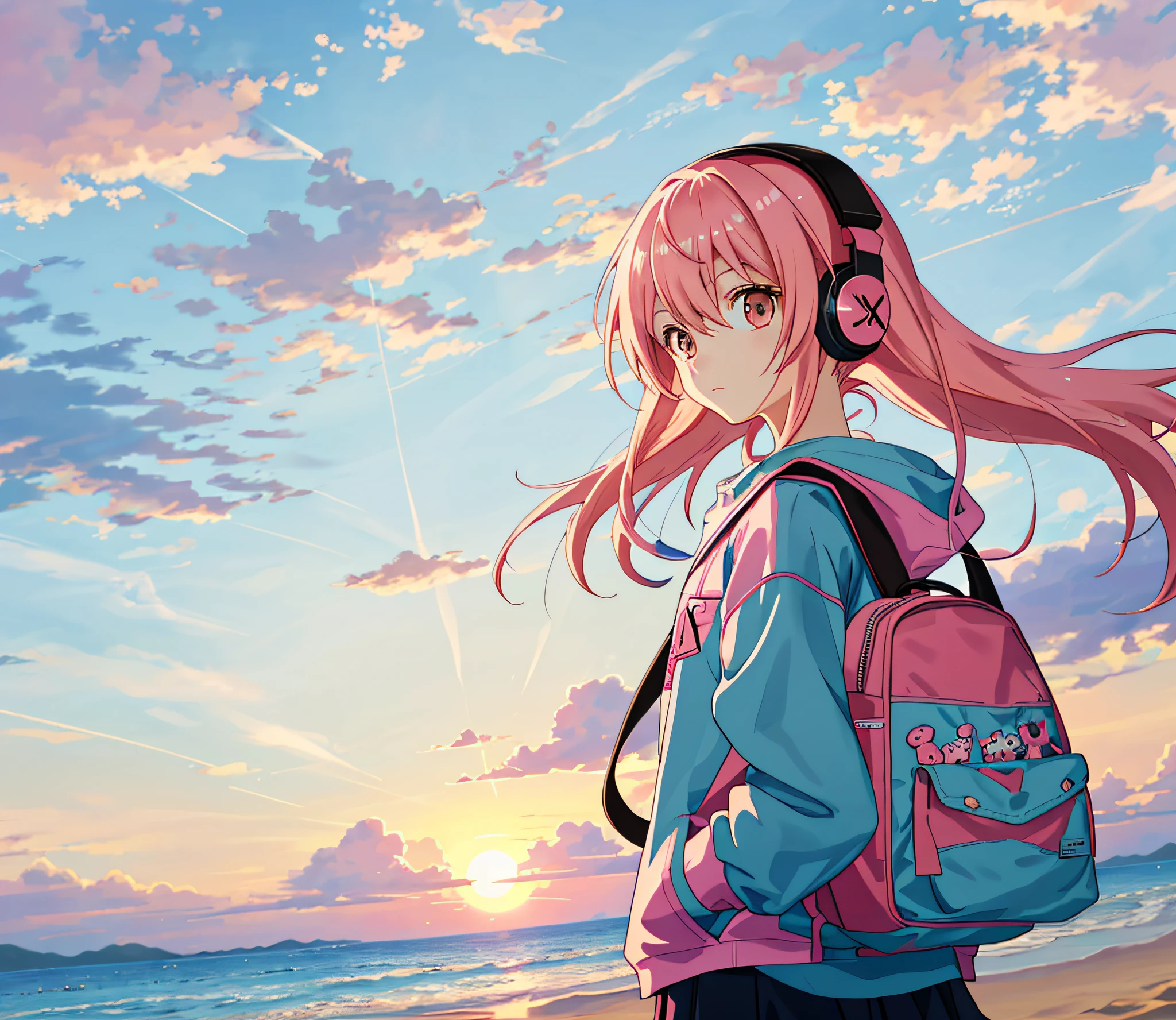 Anime girl with pink hair and headphones standing on the beach, big setting sun,sandbeach,backpacks,Black brown eyes,Put your hands in your pockets