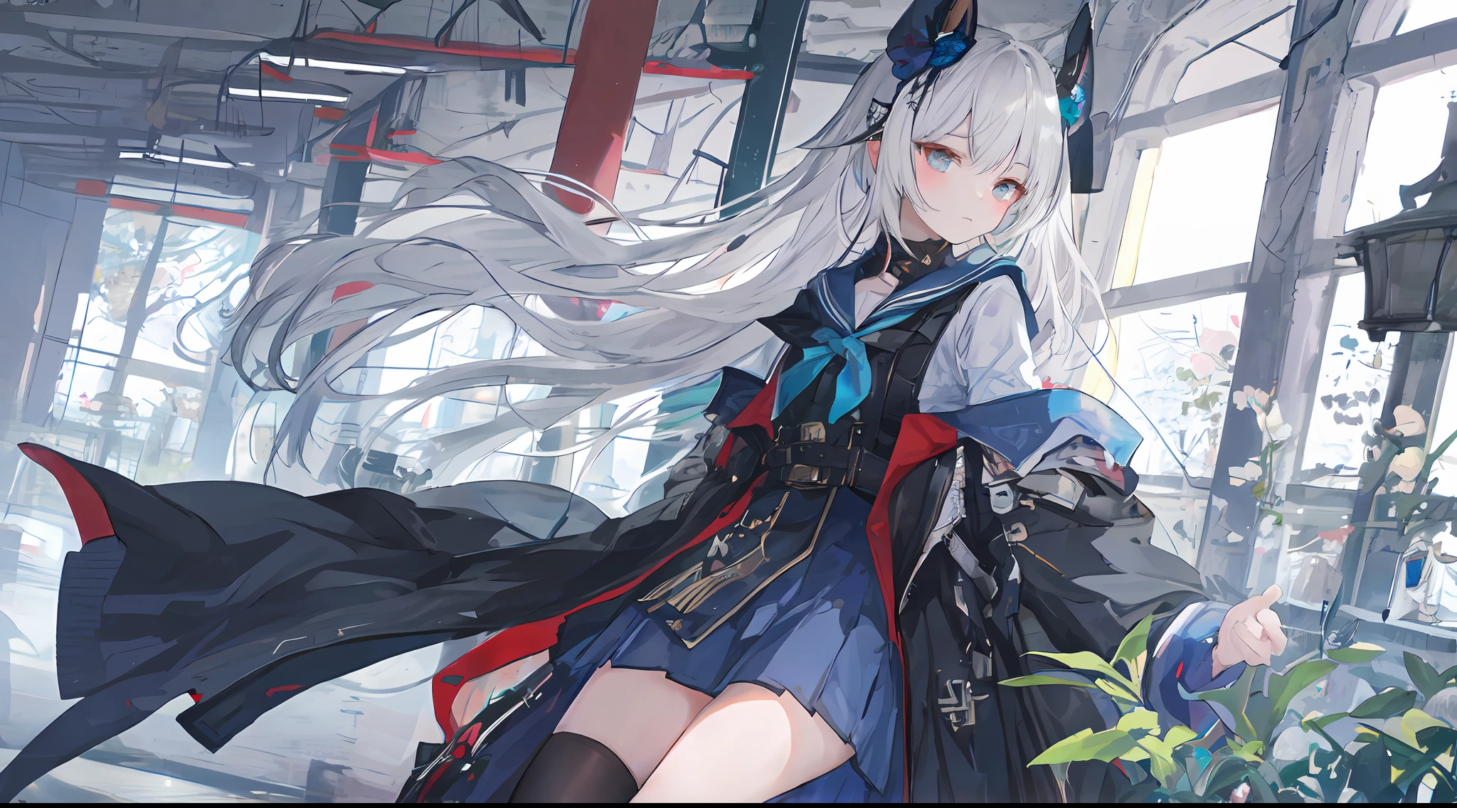 Heterochromic pupils,solo person,Ark of Tomorrow,one-girl,off-shoulder sweater, backless outfit,Starry sky,clusters of stars,Ray tracing,{Best quality}, {{Masterpiece}}, {A high resolution}, Original, Extremely detailed 8k wallpaper, {An extremely delicate and beautiful},,incredibly_absurderes,Colorful,intricately details,art book,,incredibly_absurderes,Ray tracing,Perspective,Wide shot,Overall view,,A high resolution,Game CG,short_Hair,cat_hor ears,White_Hair/White_Eyes,Detail fingers,Hands in hair,pigeon-toed,Pout,Blush,Eyes visible through hair,off-shoulder sweater,White_wind coat,Superskirt,White pantyhose,White cat ears,(((long white hair))),White tail,reaching out her hands,W cut sitting position,(((a black trench coat))),(((Blue sailor collar))),Blue pupil,Black hairpin,Post-industrial buildings,4K,Master picture quality,Texture,Ark of tomorrow style,On the ground lay the West Sword,eventide,Blood-red sunlight,Black backpack,((((Short blue skirt)))),((((White tights)))),black sneaker shoes,full bodyesbian,long and flowing hair,Smiling,Squint,The ultimate in facial depiction,The ultimate body depiction,The ultimate hair depiction ,There are lanterns on the ground,is shy,in a panoramic view,The ultimate scenario description,Pout,Beautiful_face,Beautiful detailed eyes,One eye is white,One eye closed ,Earphone,Beautiful detailed sky,reflective light,Ray tracing,Sunlight,(Maid dress),Sailor dress,Sleeves,beautiful detailed water,Beautiful detailed sky,god light,depth of fields,Normal body,Normal posture,Front view,Absolutely good light and shadow,Detailed sky,baiyun,the sunset,(((城市,starlights,rios,darkly))).{Best quality}, {{Masterpiece}}, {A high resolution}, Original, Extremely detailed 8k wallpaper, {An extremely delicate and beautiful},,Ray ,{Best quality}, {{Masterpiece}}, {A high resolution}, Original, Extremely detailed 8k wallpaper, {An extremely delicate and beautiful},,incredibly_absurderes,Colorful,intricately details,art book,,Overall view,,Depth o