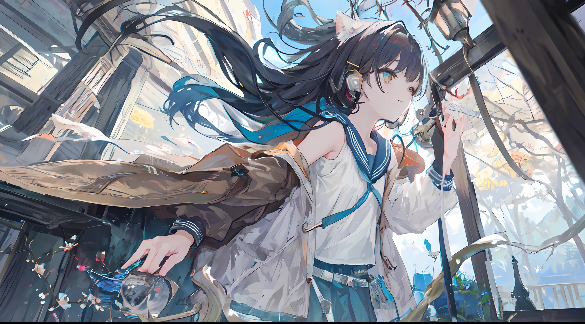 Heterochromic pupils,solo person,Ark of Tomorrow,one-girl,off-shoulder sweater, backless outfit,Starry sky,clusters of stars,Ray tracing,{Best quality}, {{Masterpiece}}, {A high resolution}, Original, Extremely detailed 8k wallpaper, {An extremely delicate and beautiful},,incredibly_absurderes,Colorful,intricately details,art book,,incredibly_absurderes,Ray tracing,Perspective,Wide shot,Overall view,,A high resolution,Game CG,short_Hair,cat_hor ears,White_Hair/White_Eyes,Detail fingers,Hands in hair,pigeon-toed,Pout,Blush,Eyes visible through hair,off-shoulder sweater,White_wind coat,Superskirt,White pantyhose,White cat ears,(((long white hair))),White tail,reaching out her hands,W cut sitting position,(((a black trench coat))),(((Blue sailor collar))),Blue pupil,Black hairpin,Post-industrial buildings,4K,Master picture quality,Texture,Ark of tomorrow style,On the ground lay the West Sword,eventide,Blood-red sunlight,Black backpack,((((Short blue skirt)))),((((White tights)))),black sneaker shoes,full bodyesbian,long and flowing hair,Smiling,Squint,The ultimate in facial depiction,The ultimate body depiction,The ultimate hair depiction ,There are lanterns on the ground,is shy,in a panoramic view,The ultimate scenario description,Pout,Beautiful_face,Beautiful detailed eyes,One eye is white,One eye closed ,Earphone,Beautiful detailed sky,reflective light,Ray tracing,Sunlight,(Maid dress),Sailor dress,Sleeves,beautiful detailed water,Beautiful detailed sky,god light,depth of fields,Normal body,Normal posture,Front view,Absolutely good light and shadow,Detailed sky,baiyun,the sunset,(((城市,starlights,rios,darkly))).{Best quality}, {{Masterpiece}}, {A high resolution}, Original, Extremely detailed 8k wallpaper, {An extremely delicate and beautiful},,Ray ,{Best quality}, {{Masterpiece}}, {A high resolution}, Original, Extremely detailed 8k wallpaper, {An extremely delicate and beautiful},,incredibly_absurderes,Colorful,intricately details,art book,,Overall view,,Depth o