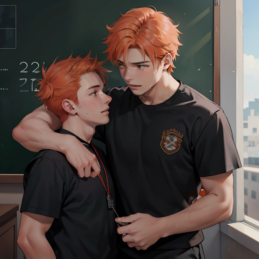 Two orange-haired 15-year-old teenage friends cry over their brother's death talking, conversan, parlean  en la escuela comparten un secreto de que son casi amigos de hermanos... (usar los mismo personajes)