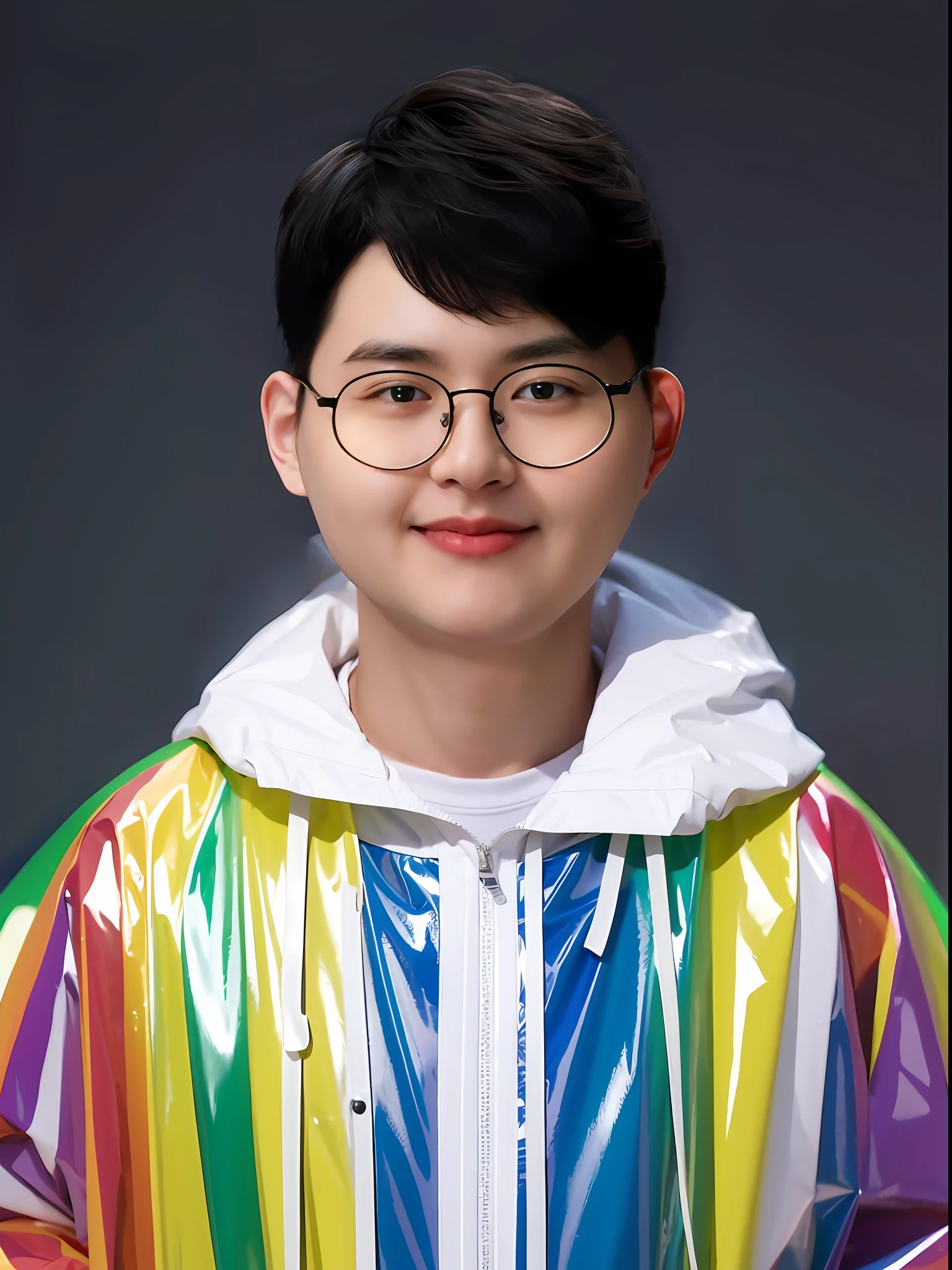 A Chinese male high school student,Wearing a PVC colored raincoat,with hat