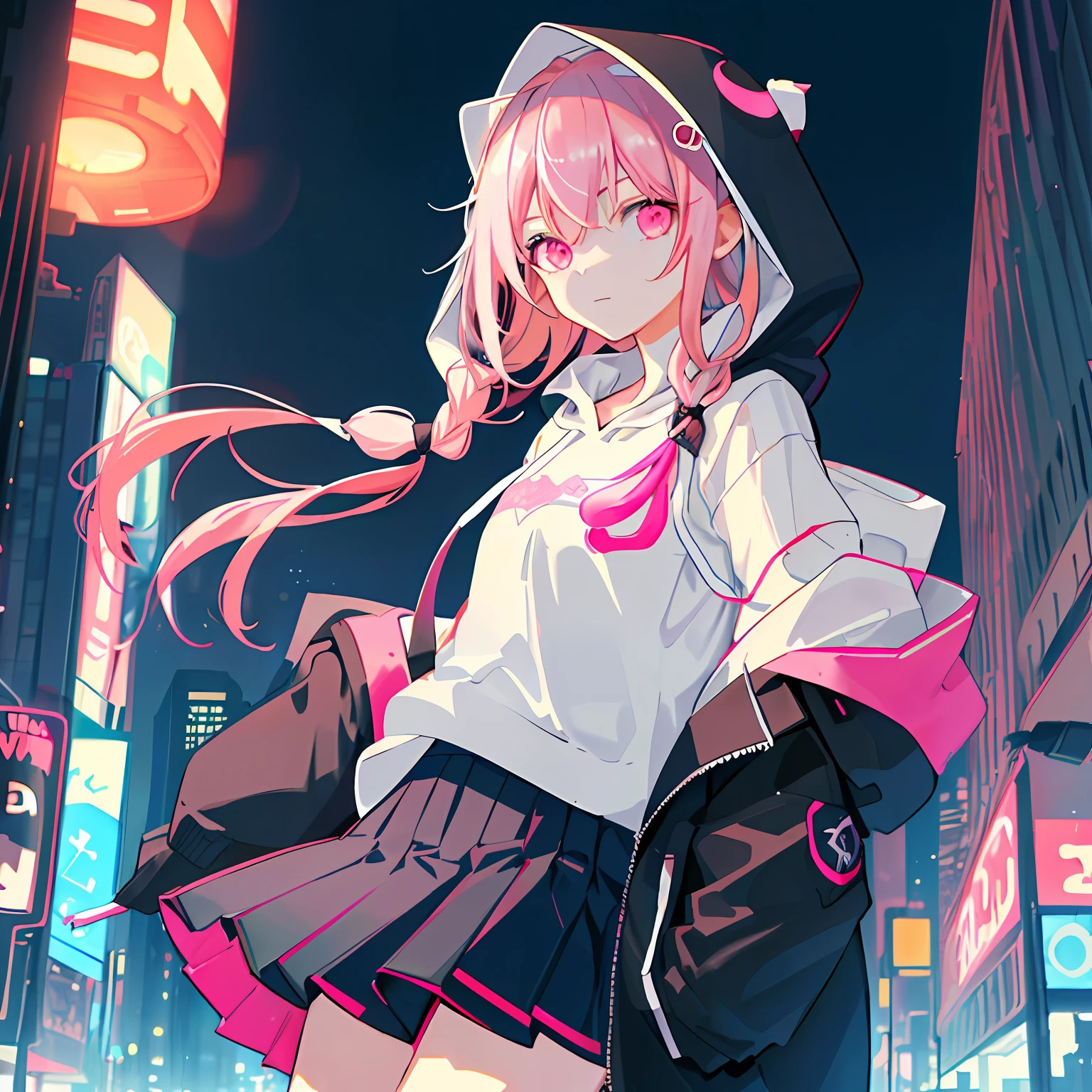 1girl, solo, li, pee, (very_long_hair), (pink_hair:1.2), braids, (red_eyes), medium_breasts, (white_shirt:1.5), (windbreaker), (off_shoulder:1.2), (portrait), glowing_eyes, background_light, (cityscape:1.5), (pleated skirt)(neon_lights:1.2), (science), cyberpunk, ((masterpiece)), (highres), (best_quality), (highly_detailed), (original),(Delicate background),(extremely detailed 8K wallpaper),cinematic lighting, volume lighting, light particles, shaded_face, beautiful_detailed_eyes, depth_of_field, perspective,(hood:1.5),