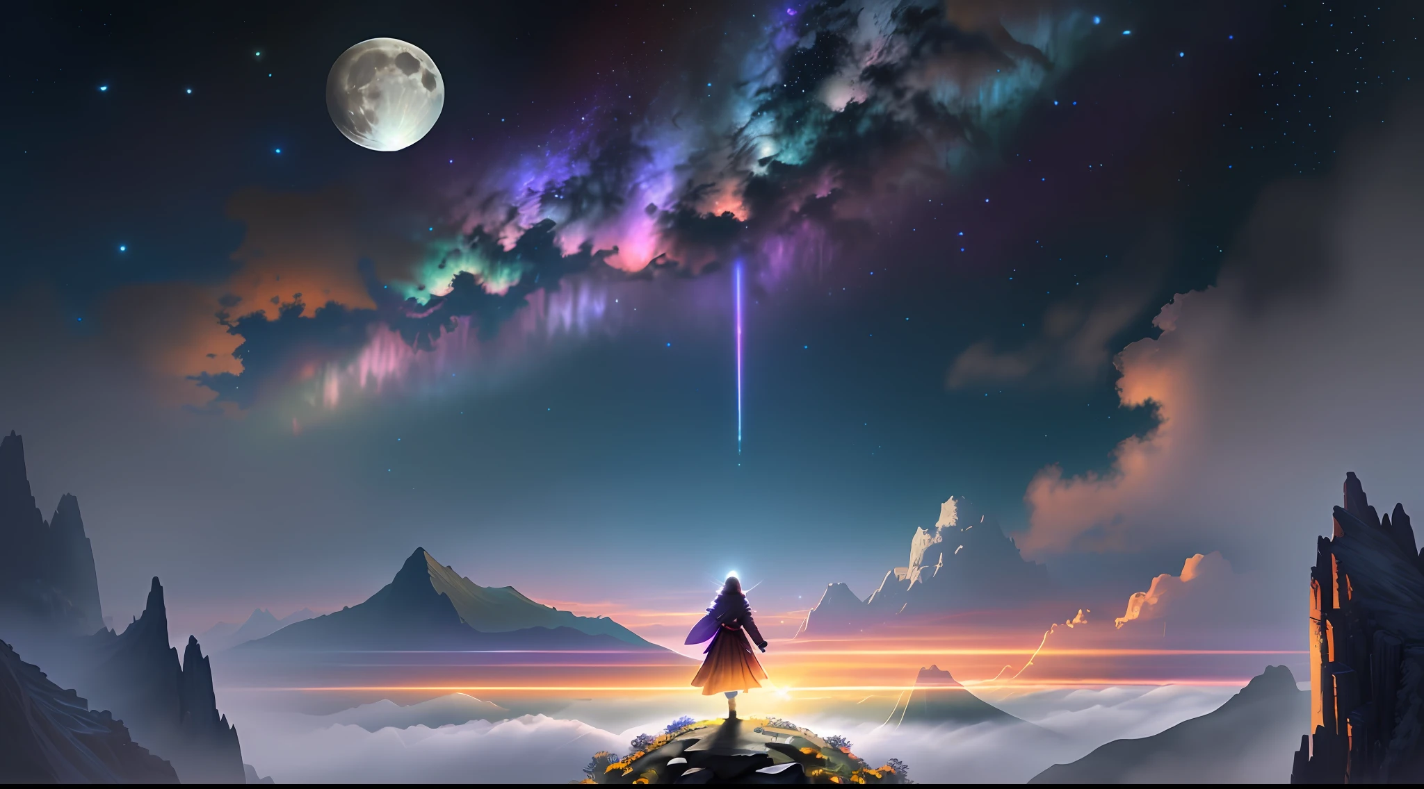 Vast landscape photos, (view of the sky and wilderness below), boys and girls standing in flower fields looking up, (Full Moon: 1.2), (Meteors: 0.9), (Nebula: 1.3), Distant Mountains, Tree Breaking Making Art, (Warm Light Source: 1.2), (Firefly: 1.2), Lights, Purple and Orange, Intricate Details, Volumetric Lighting BREAK (Masterpiece: 1.2), (Highest Quality), 4K, Super Delicate, (Dynamic configuration: 1.4), Highly detailed and colorful details (rainbow color: 1.2), (Sparkling lighting, atmospheric lighting), Dreamy, magical, (Solo: 1.2), (Ying Dragon God), (Through the clouds), (Top of the mountains), (Complex), (Super Detail), (Starry Sky Background), (Stout Limbs), (Moon Night), (Ultra Clear), (Best Quality),