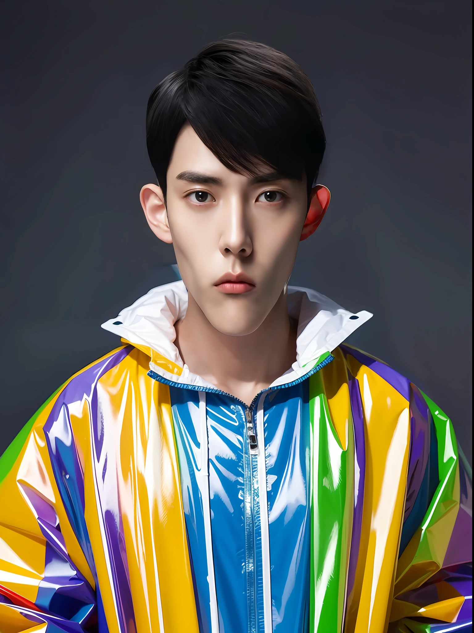 A Chinese male high school student,Wearing a PVC colored raincoat,with hat