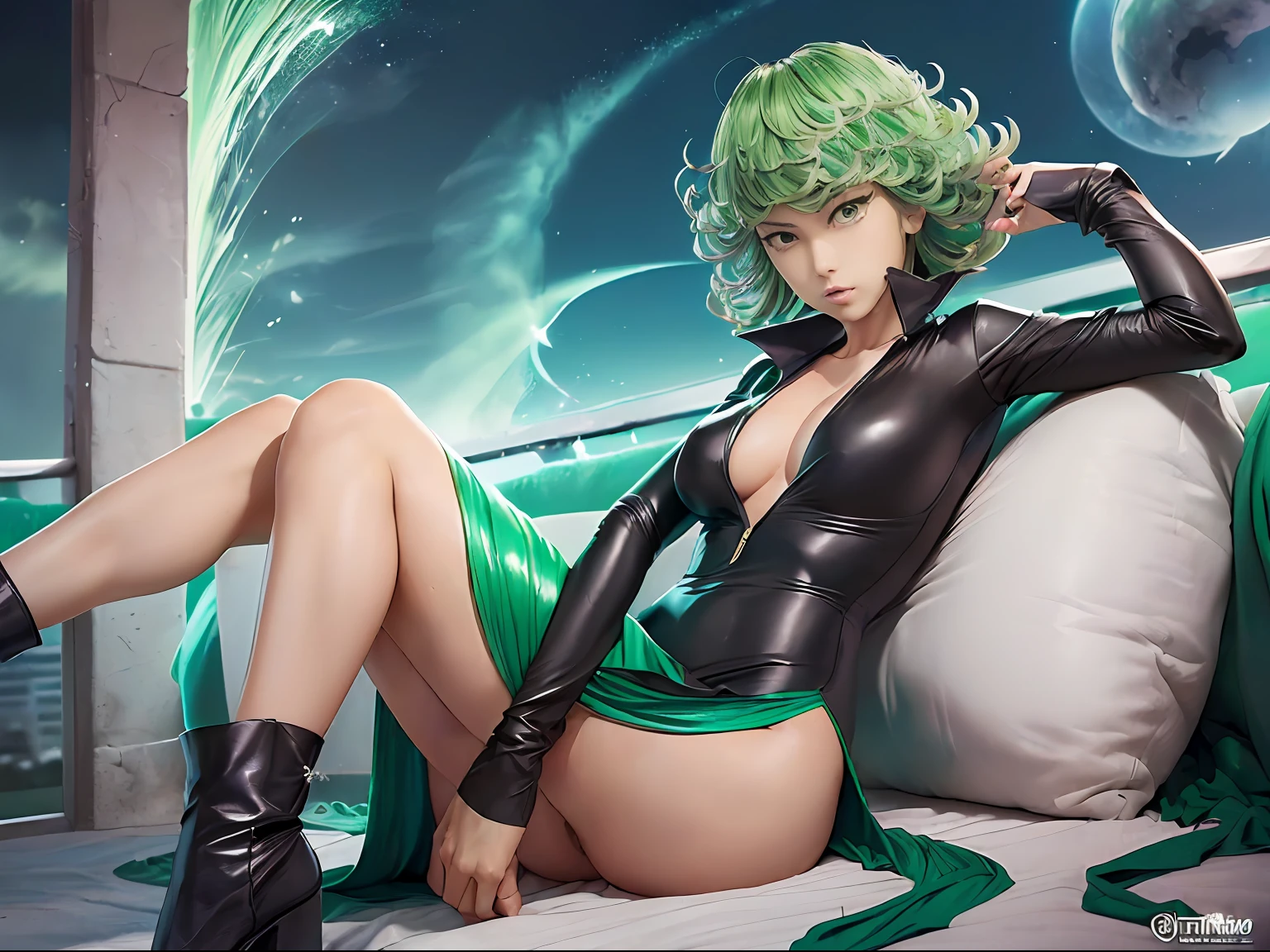 (((Tatsumaki))) (hero aka tornado from One Punch Man) sexy ((tiny breast )) ((lleva un vestido largo))) (((con la pierna descubierta negro ajustado ))) ((Trasero perfecto)), ((cabello verde)), hermosa cara ((imagen cuerpo completo)), que parezca un render de z brush, 8k cuerpo completo , ((Tatsumaki)) sensual cuerpo perfecto perfecto