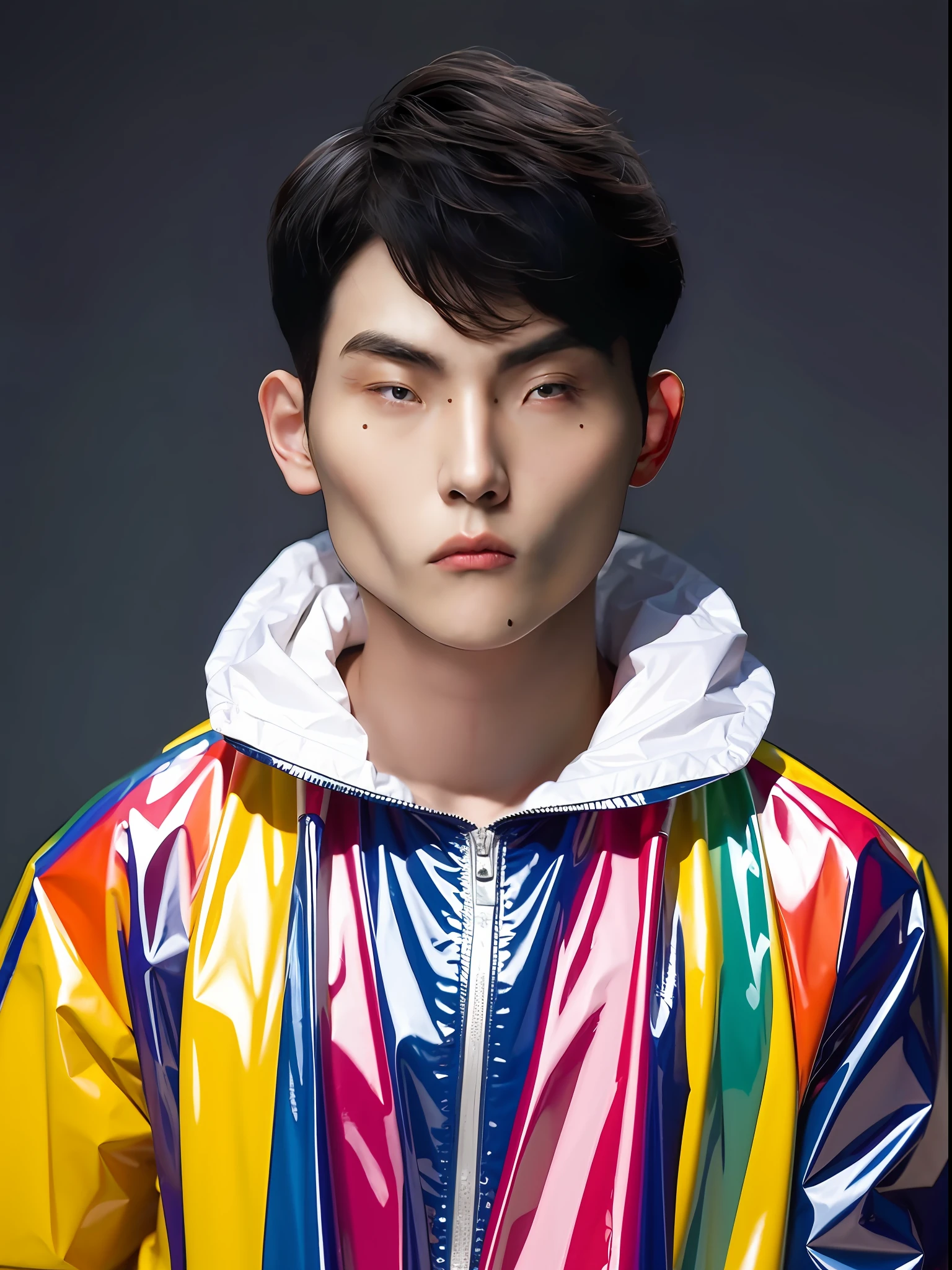 A Chinese male high school student,Wearing a PVC colored raincoat