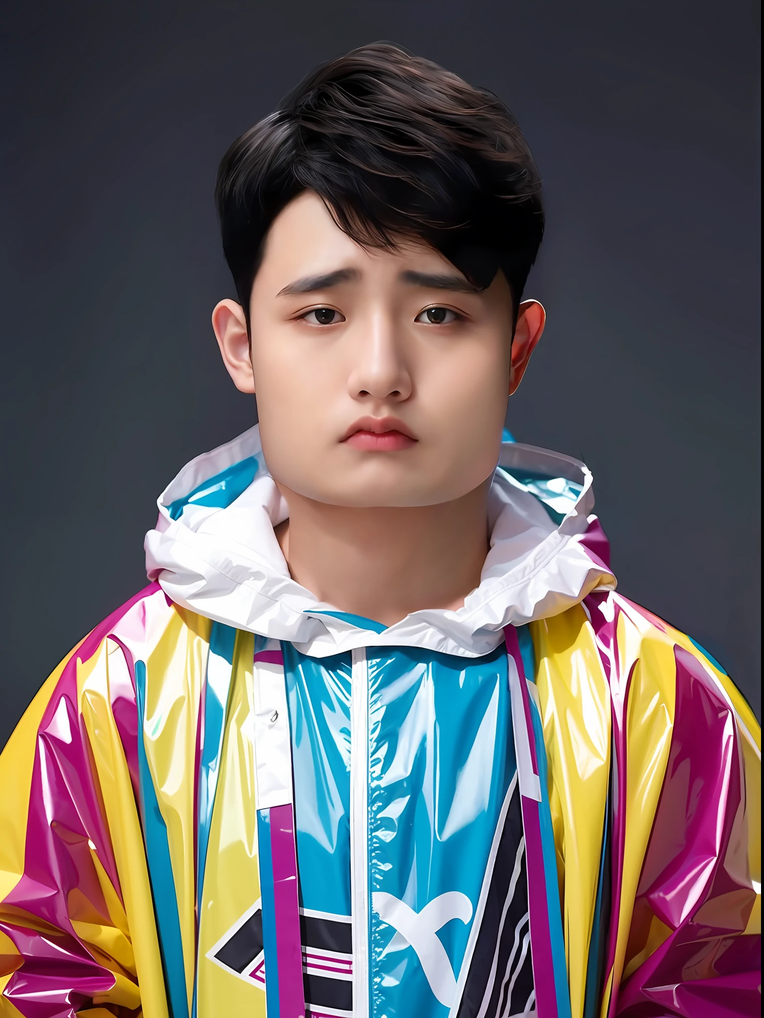 A Chinese male high school student,Wearing a PVC colored raincoat