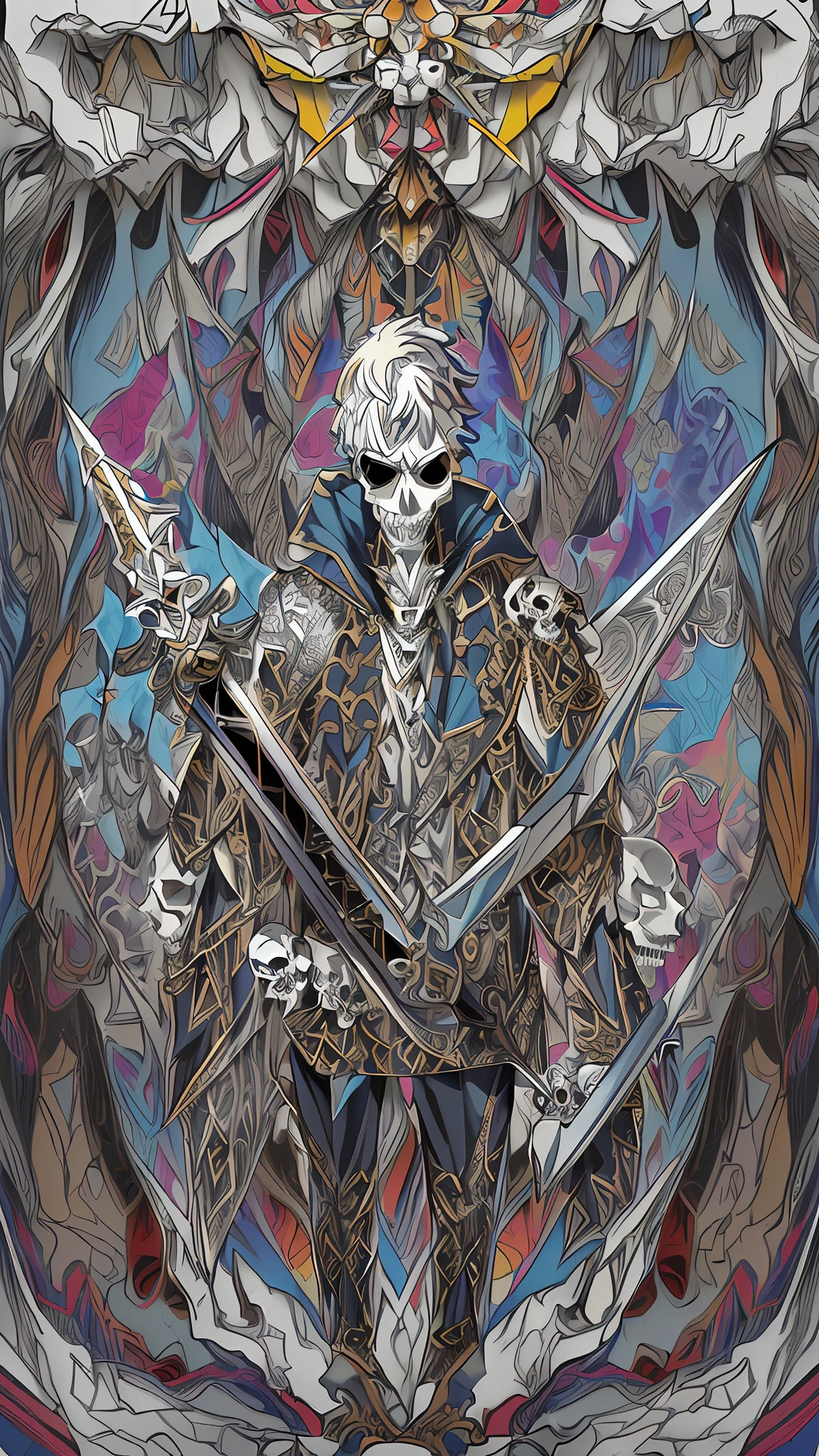 (Masterpiece, Top quality, Best quality, offcial art, Divine:1.2), (1 man:1.3), Extremely detailed,(Fractal art:1.1),(Colorful:1.1),(skulls:1.3),highest details,(zentangle:1.2), (Dynamic pose), (abstract backgrounds:1.3), (Shiny skin), (many color:1.4), (warrior:1.5, Armor, holdingsword),(Short hair, Silver hair),Brave,Determination,