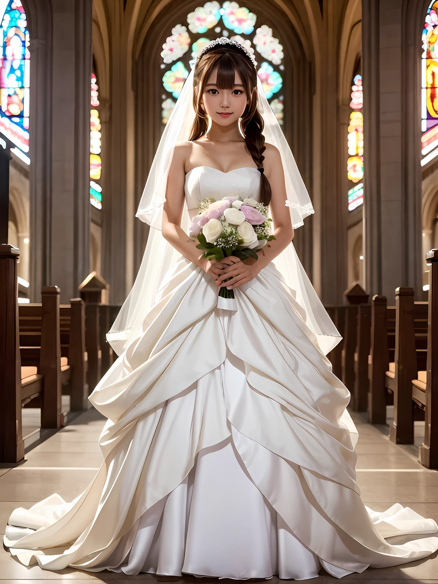 the best quality, 1 girl per 1 photo, full body shot, directly front view, a Japanese young pretty girl, french braids hair, putting on the veil, wearing a white shiny silk wedding dress with a big smile, holding one bouquet with both hands in a church, hyper cute face, glossy lips, double eyelids for both eyes, glamorous makeup, shiny smooth light brown hair, asymmetrical bangs, tanned skin, central image, 8K resolution, high detail, detailed hairstyle, detailed face, cinematic lighting, octane rendering, hyper realistic, perfect limbs, perfect anatomy