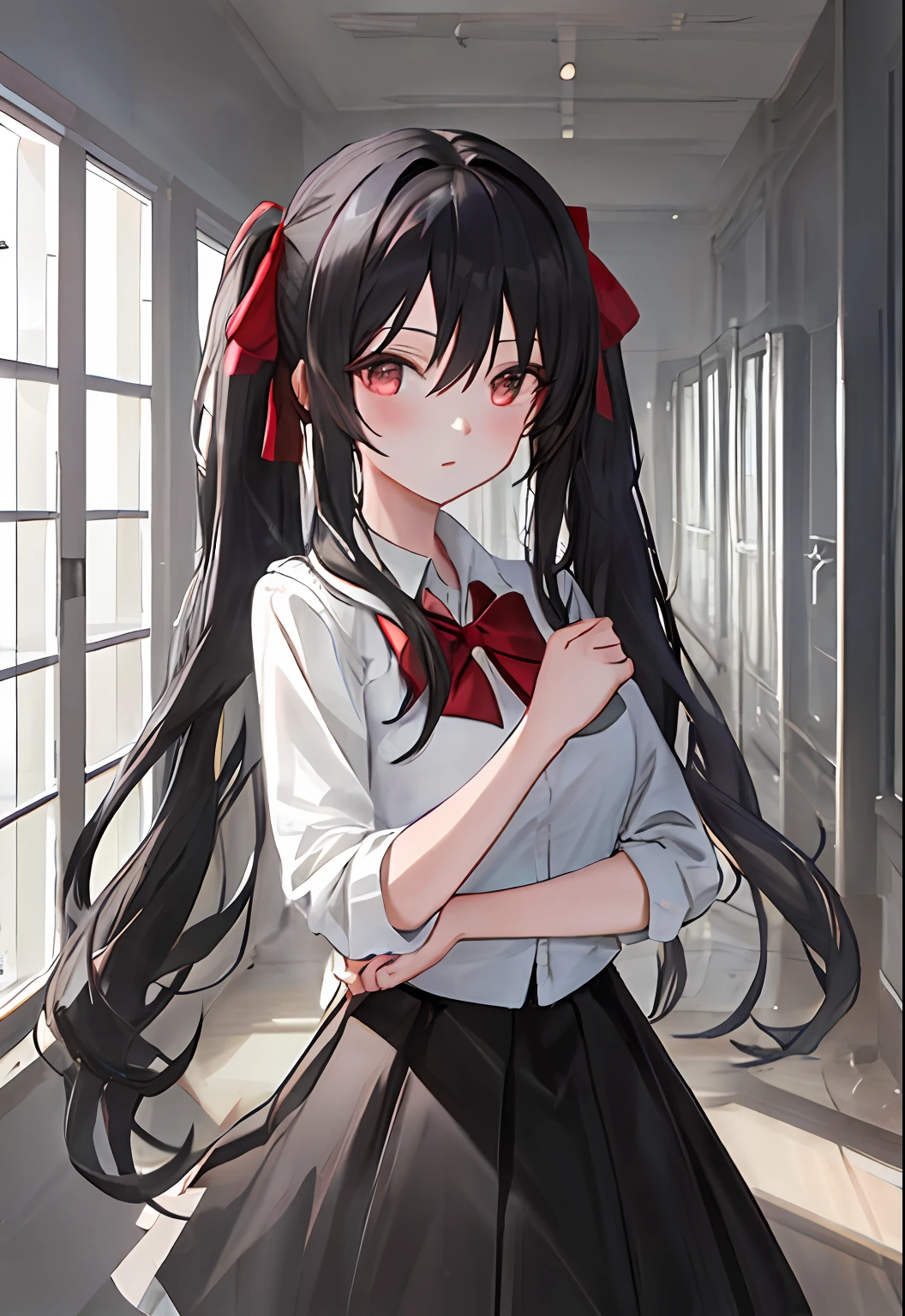 (masterpiece, best quality),ray tracing,absurdres, HDR,1girl,jewelry, bangs,black hair, twintails,very long hair, black_skirt, blush,red eyes, red bow, bowtie,breasts, , hair between eyes,hair_ribbon, red ribbon, ,school_uniform, white shirt, long sleeves, looking at viewer, sidelocks, solo, ,indoors,cowboy shot,