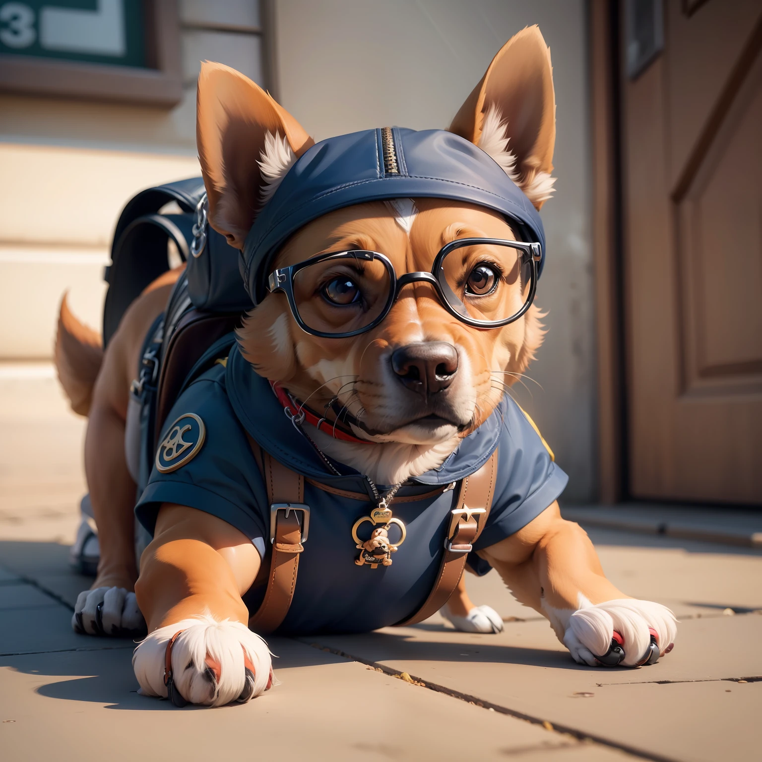 Crie um desenho de um cachorro caramelo d3 oculos escuros e mochila, com pose de bandido