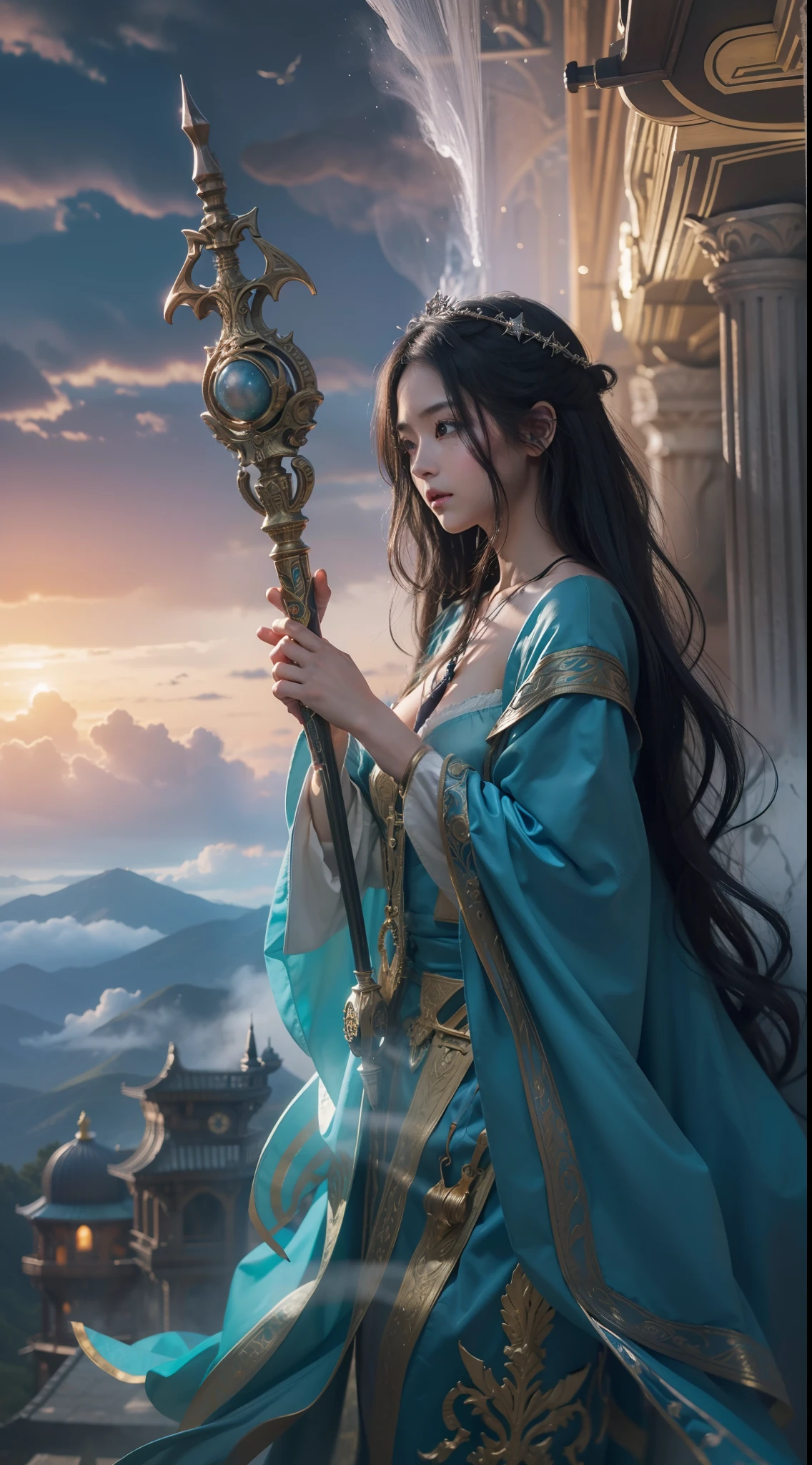 Above the rising clouds,Daytime, Dark, (Fantasy),infinite,deep blue sky,The abyss of knowledge,Cowledge,((masutepiece)), (((Best Quality))),((Beautiful fine eyes)),(Eye lashes)、Realistic clouds、Very beautiful face、The ultra -The high-definition、high fantasy castle、beautiful  Girl、(女の子1人)、Black hair、The long-haired、abyss eyes、glowy skin、oils、small tits、Perfect human body structure、Wizard robes、der riese、tattered cloth、Realistic coat、Teenchi、Super delicate CG Unity 32k wallpaper、photoRealstic、​masterpiece, ((ultra-detailliert)), ((illustratio)),colourfull,wall-paper,The energy,Unknown terror,Incomprehensible,Around the magic,Magical surroundings,magic wands,Boken,Flying pages,Know everything,Predict the future、Get to know the past、Infinite wisdom、blue flames、Warlock、magic circles、Pentagram、Spells、mantra、Singing magic
