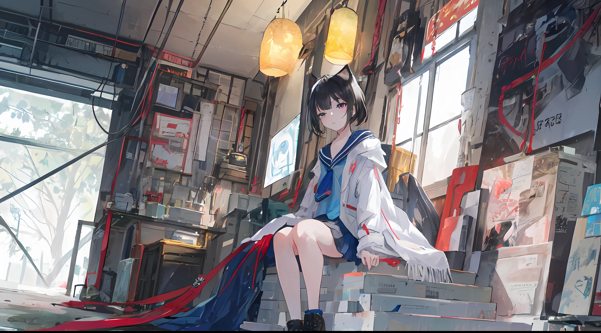 Heterochromic pupils，solo person，Ark of Tomorrow，one-girl，off-shoulder sweater, backless outfit,Starry sky,clusters of stars,Ray tracing,{Best quality}, {{Masterpiece}}, {A high resolution}, Original, Extremely detailed 8k wallpaper, {An extremely delicate and beautiful},,incredibly_absurderes,Colorful,intricately details,art book,,incredibly_absurderes,Ray tracing,Perspective,Wide shot,Overall view,,A high resolution,Game CG,short_Hair,cat_hor ears,White_Hair/White_Eyes,Detail fingers,Hands in hair,pigeon-toed,Pout,Blush,Eyes visible through hair,off-shoulder sweater,White_wind coat,Superskirt,White pantyhose,White cat ears，（((long  white hair)))，White tail，reaching out her hands，W cut sitting position，(((a black trench coat)))，(((Blue sailor collar)))，Blue pupil，Black hairpin，Post-industrial buildings，4K，Master picture quality，Texture，Ark of tomorrow style，On the ground lay the West Sword，eventide，Blood-red sunlight，Black backpack，((((Short blue skirt))))，((((White tights))))，black sneaker shoes，full bodyesbian，long and flowing hair，Smiling，Squint，The ultimate in facial depiction，The ultimate body depiction，The ultimate hair depiction ，There are lanterns on the ground，is shy，in a panoramic view，The ultimate scenario description，Pout,Beautiful_face,Beautiful detailed eyes,One eye is white，One eye closed ,Earphone,Beautiful detailed sky,reflective light,Ray tracing，Sunlight,(Maid dress),Sailor dress,Sleeves,beautiful detailed  water,Beautiful detailed sky,god light,depth of fields,Normal body，Normal posture，Front view，Absolutely good light and shadow，Detailed sky，baiyun，the sunset，(((城市，starlights，rios，darkly))).{Best quality}, {{Masterpiece}}, {A high resolution}, Original, Extremely detailed 8k wallpaper,  {An extremely delicate and beautiful},,Ray ,{Best quality}, {{Masterpiece}}, {A high resolution}, Original, Extremely detailed 8k wallpaper, {An extremely delicate and beautiful},,incredibly_absurderes,Colorful,intricately details,art book,,Overall view,,Depth o