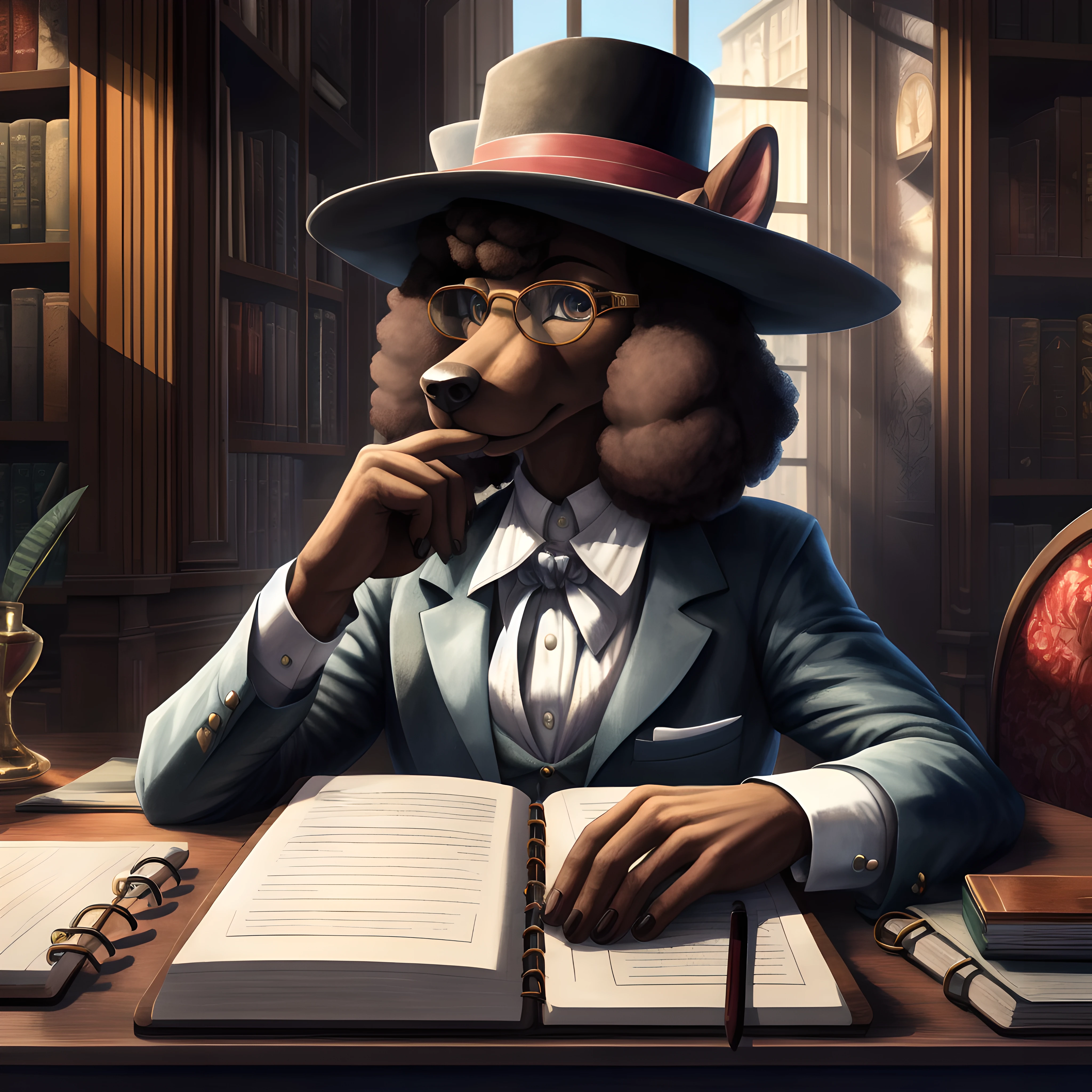 Poodle personification, A detailed detective, Stylish detective hat, Detective glasses, notebook, Mystery Novel Background, masterpiece, ultra-definition, extremely high details, extremely high quality, The ultra-Highres, 8k, HDR, Same focus, fine art, Creative, Sharpen every detail, precisely anatomy