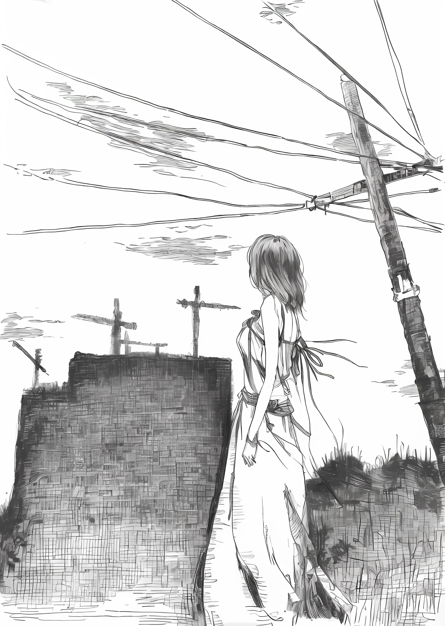 Draw a woman walking down the road,The background is a cross, pencil and ink manga, pencil and ink manga drawing, ink manga drawing, author:Middle Bokuhn, author:by Yumihiko Amano, author:Yuki Ogura, Floor plan about the《Ishida art manga》, black and white manga style, tsutomu nihei art, inspired by amano