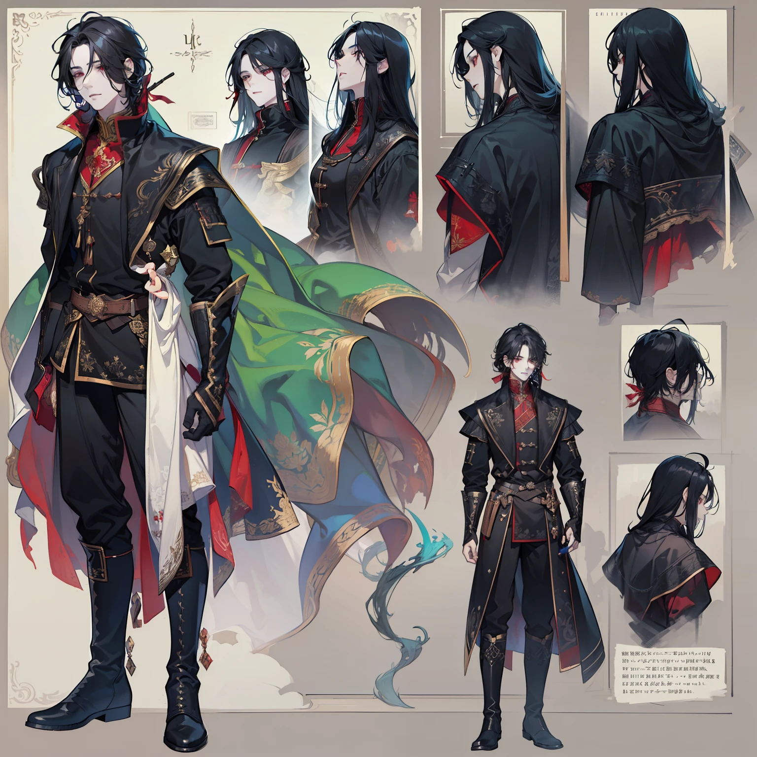 1 boy, solo, black hair, straight hair, flowing straight hair, red eyes, shirt, high boots, dark clothing, Scandinavia theme, Scandinavian clothes, looking at viewer, fantasy art, beautiful painting, guwaika style, epic exquisite character art, stunning characters, man, lean (reference sheet:1.5)