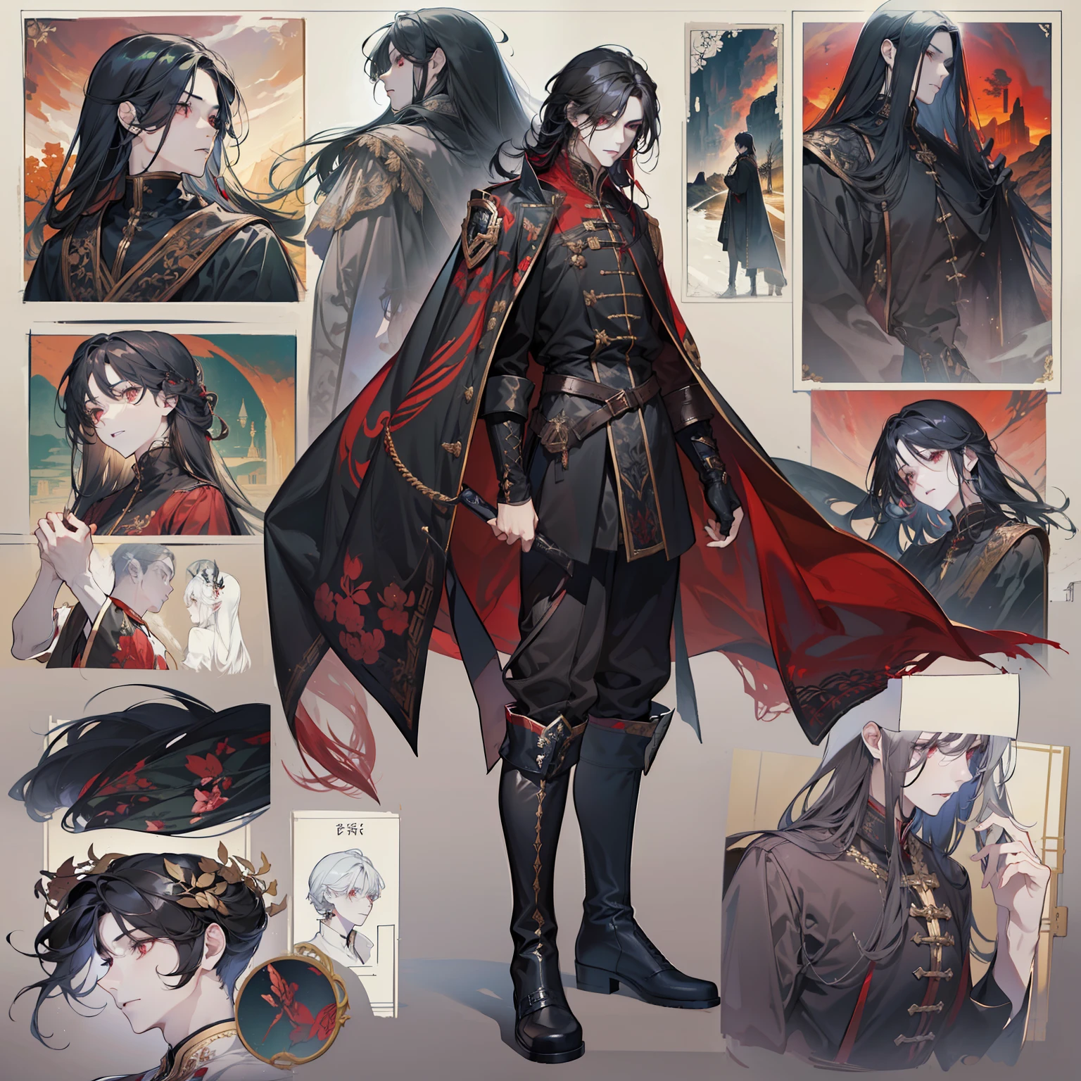 1 boy, solo, black hair, straight hair, flowing straight hair, red eyes, shirt, high boots, dark clothing, Scandinavia theme, Scandinavian clothes, looking at viewer, fantasy art, beautiful painting, guwaika style, epic exquisite character art, stunning characters, man, lean (reference sheet:1.5)