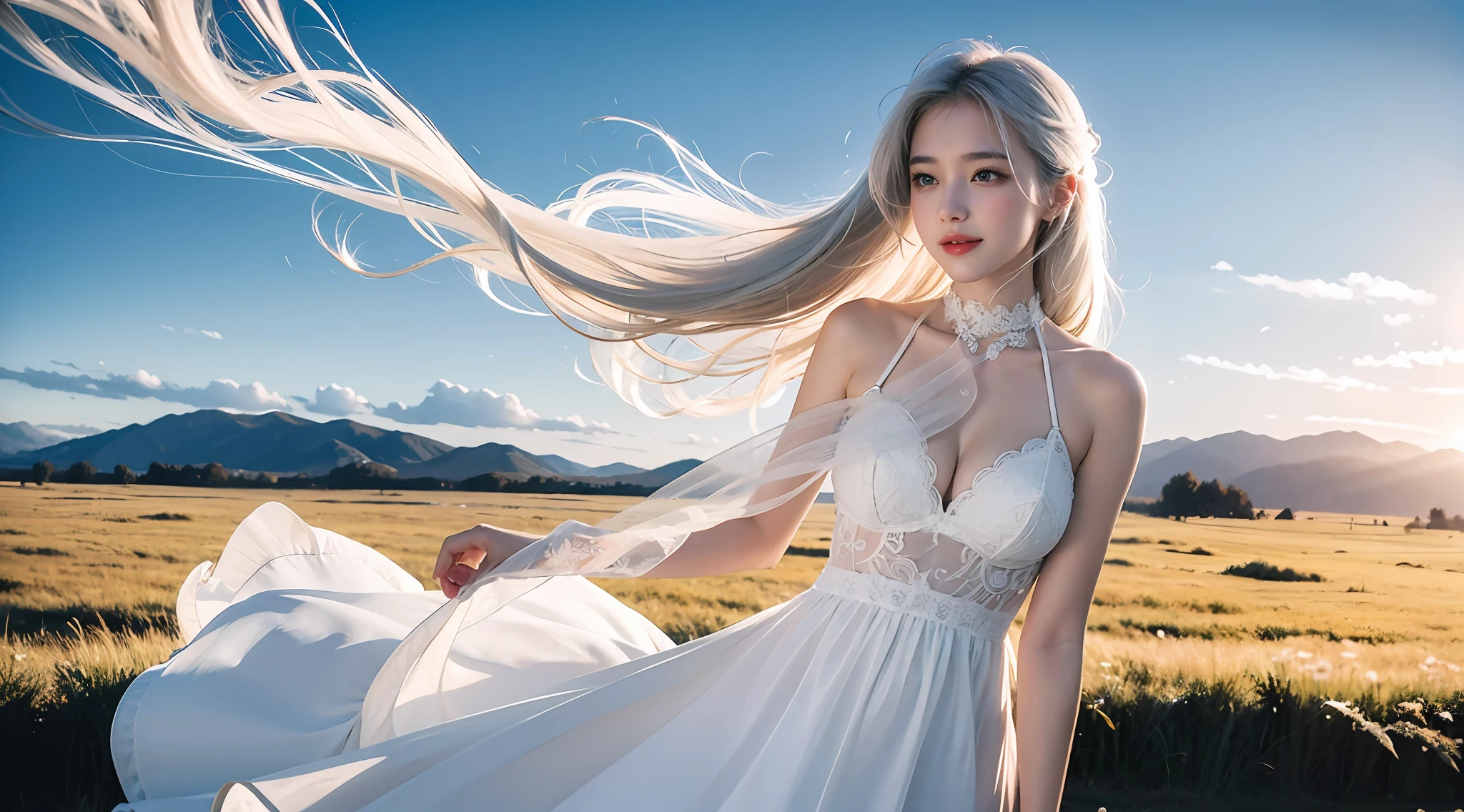 Vast sky、Beautiful skyline、Fantastic、A smile、Large grasslands、extremely tense and dramatic pictures、the moving visual effects、high hanging Polaris、Colorful natural glare。Girl in white dress（Show on the right、The upper part of the body:1.4）、White hair、