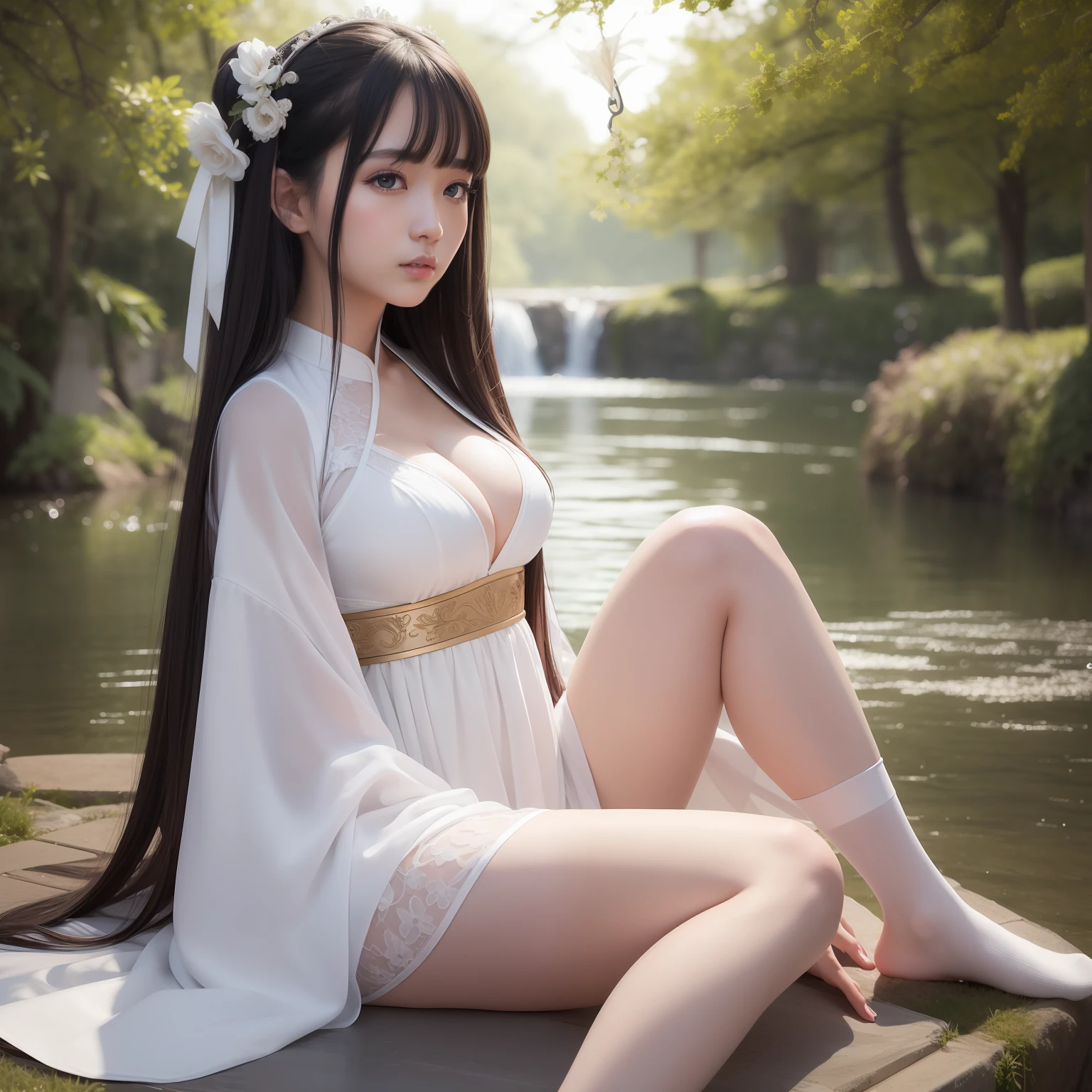 best quality, masterpiece, illustration, very delicate and beautiful, highly detailed, cg, unified, 8k wallpaper, amazing, elaborate details, masterpiece, best quality, official art, highly detailed cg unity 8k wallpaper, ridiculous, incredibly ridiculous, huge file size, ultra detailed, high resolution, highly detailed,beautiful detailed girl, very detailed eyes and face, beautiful detailed eyes,face light ,(Hanfu:1.1),1girl, full body,full-body ,shot,,masterpiece,1girl,solo,black hair,white dress,cleavage, white knee socks, lake,wet